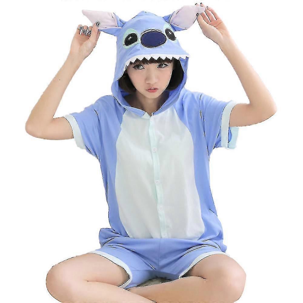 بيجامة الصيف كم قصير ليلو غرزة أنيمي الأزرق Onesie لطيف بدلة مضحكة القطن مقنعين بذلة القط الباندا ملابس منزلية زونغ
