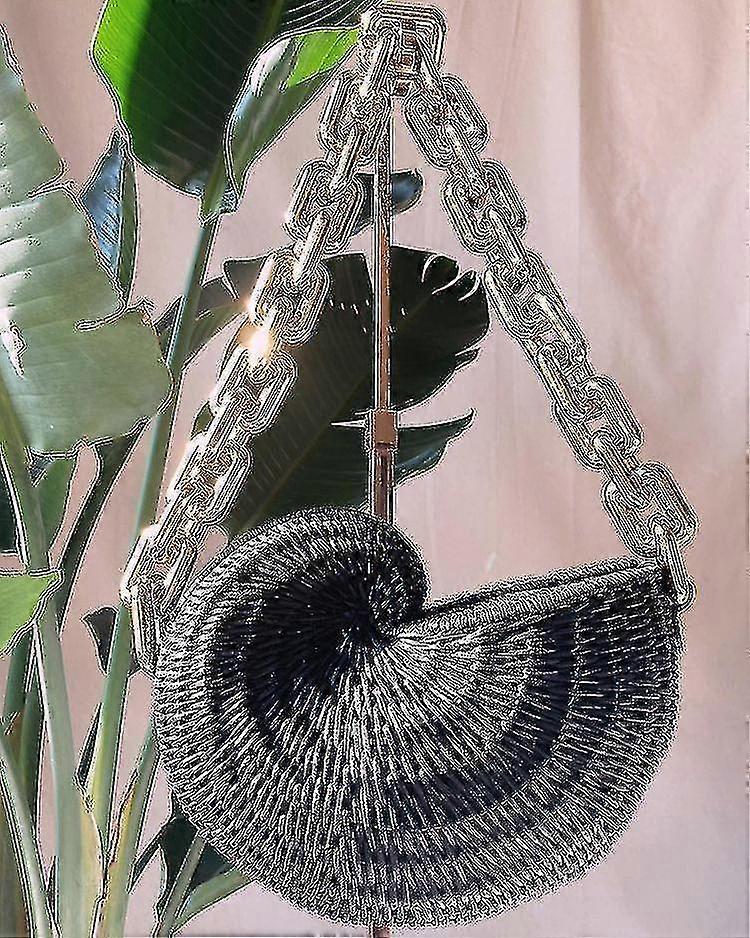Borsa a tracolla in rattan con catena spessa e conchiglia, borsa da donna intrecciata in vimini