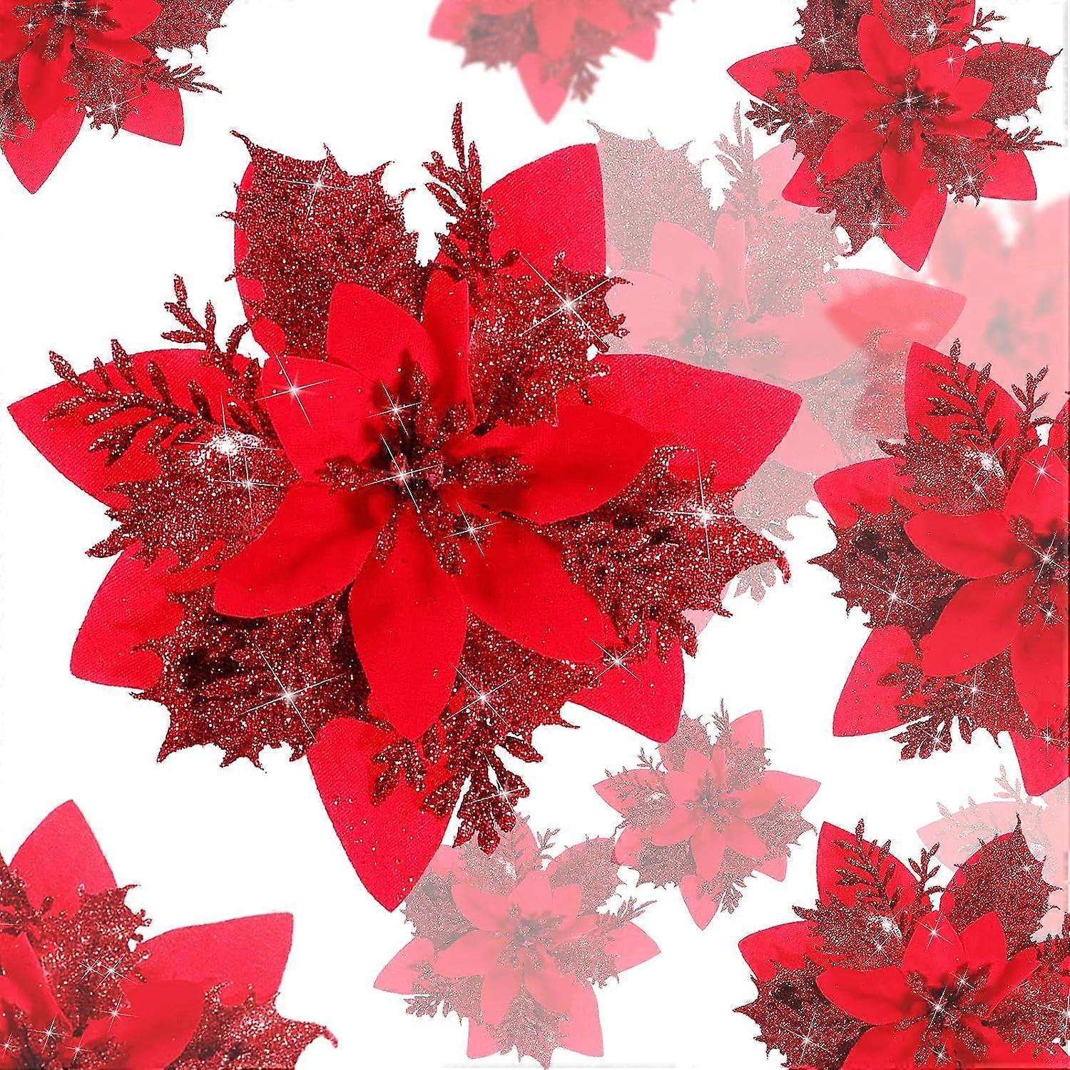 20 Pieces Red Christmas Decoration, Artificial Christmas Flower, Glitter Christmas Tree Garland, Artificial Flower Pendants, for Christmas Tree