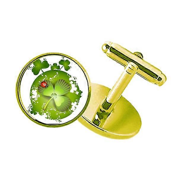 フォークローバーアイルランドセントパトリックスデースタッズ付きビジネスメタルカフスボタンゴールデン