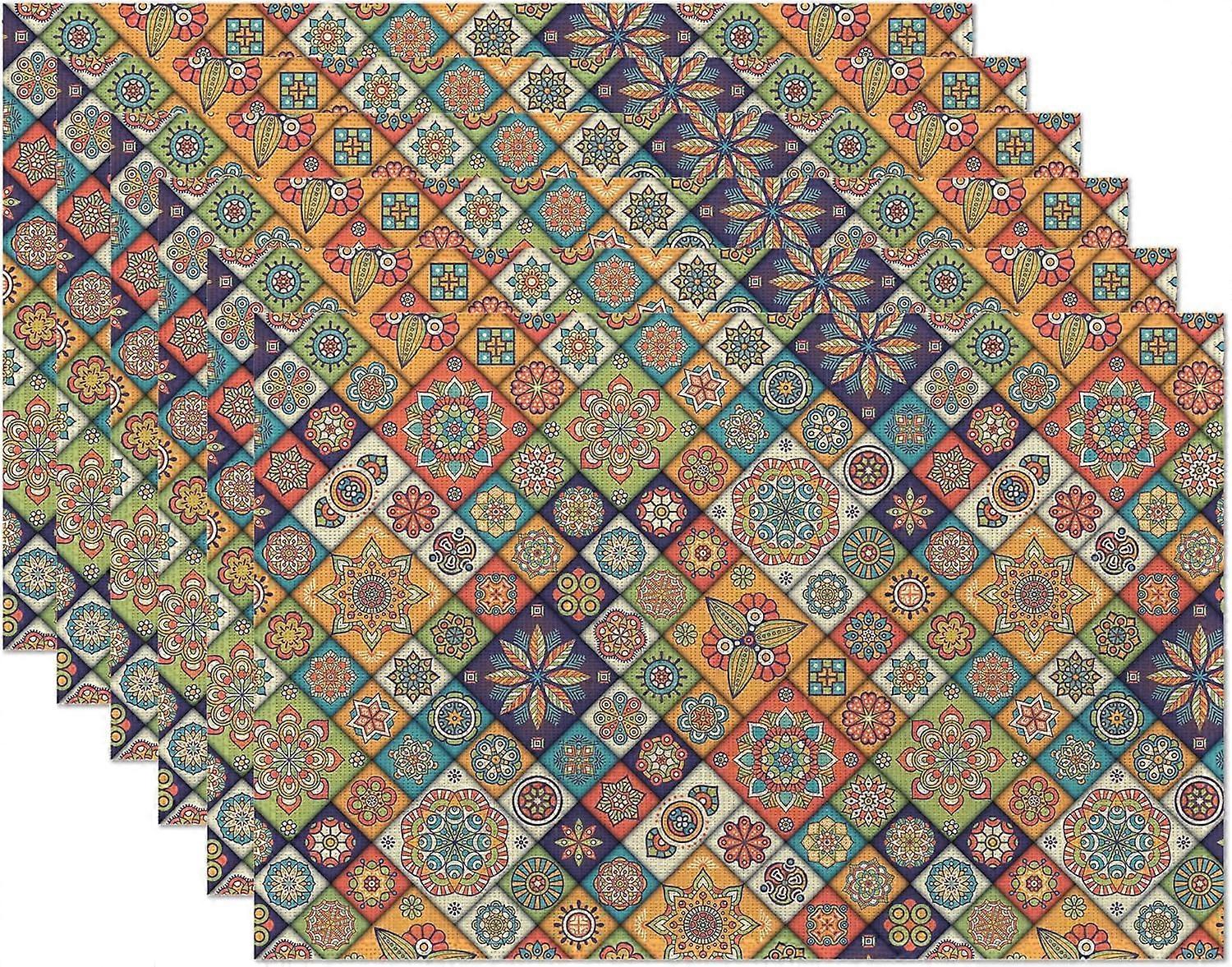 פלייסמטים פרחוניים גיאומטריים של Boho, 12 x 18 אינטש, ראנר שולחן פשתן מטבח עיצוב חדר אוכל עיצוב חג כפרי וינטאג' עמיד למים ריצת שולחן רחיץ