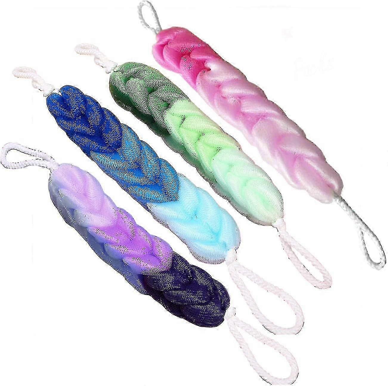 4包长款带绳子手柄的背部洗涤器身体海绵，用于沐浴、淋浴网海绵身体深层清洁男女