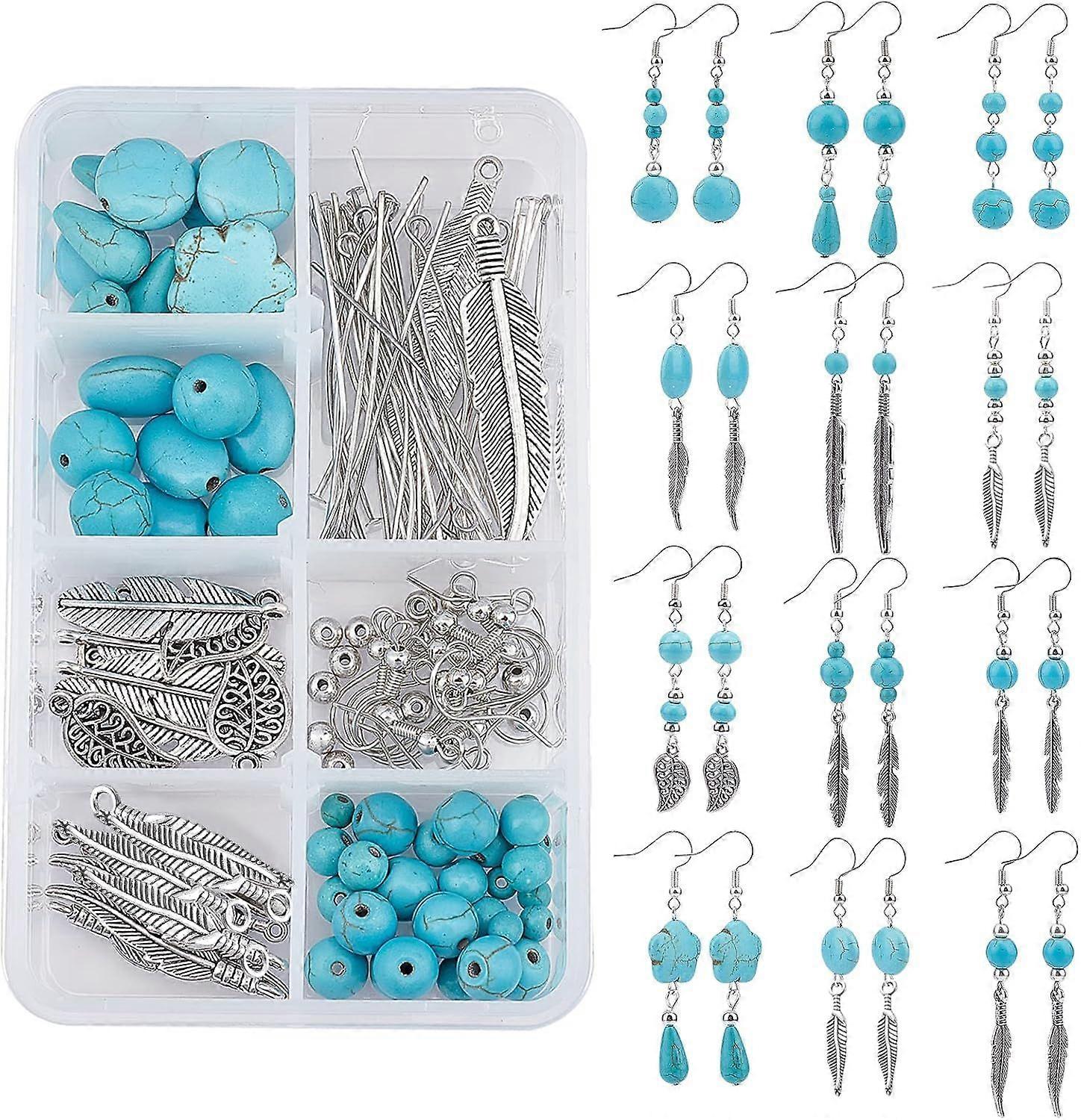 1 Box DIY 12 Pairs Turquoise Bead Dangle Earrings Making Kit Alloy Enamel Leaf Feather Pendants Charms with Eye Pin & Earring Hooks for DIY Earring Je