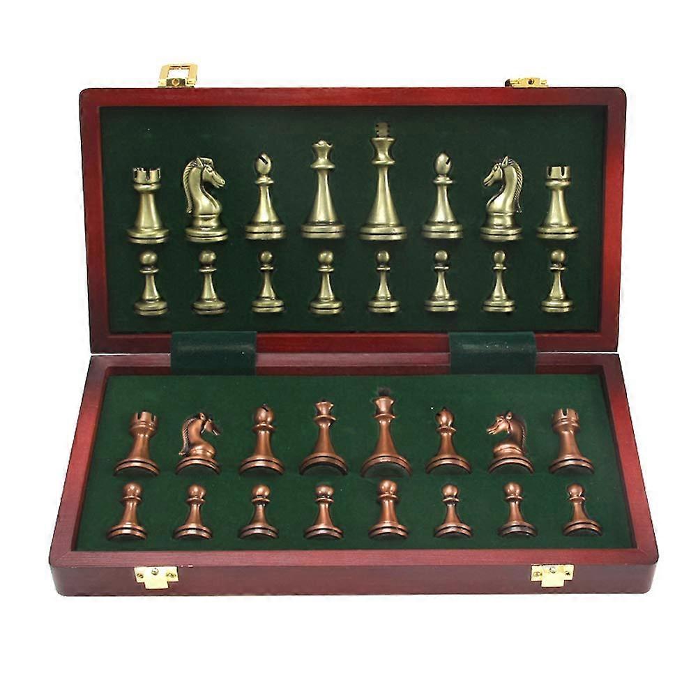 Large Metal Deluxe Chess Set - Retro Copper Plated Alloy with Portable Wooden Storage Box, Folding Design for 2 Players
