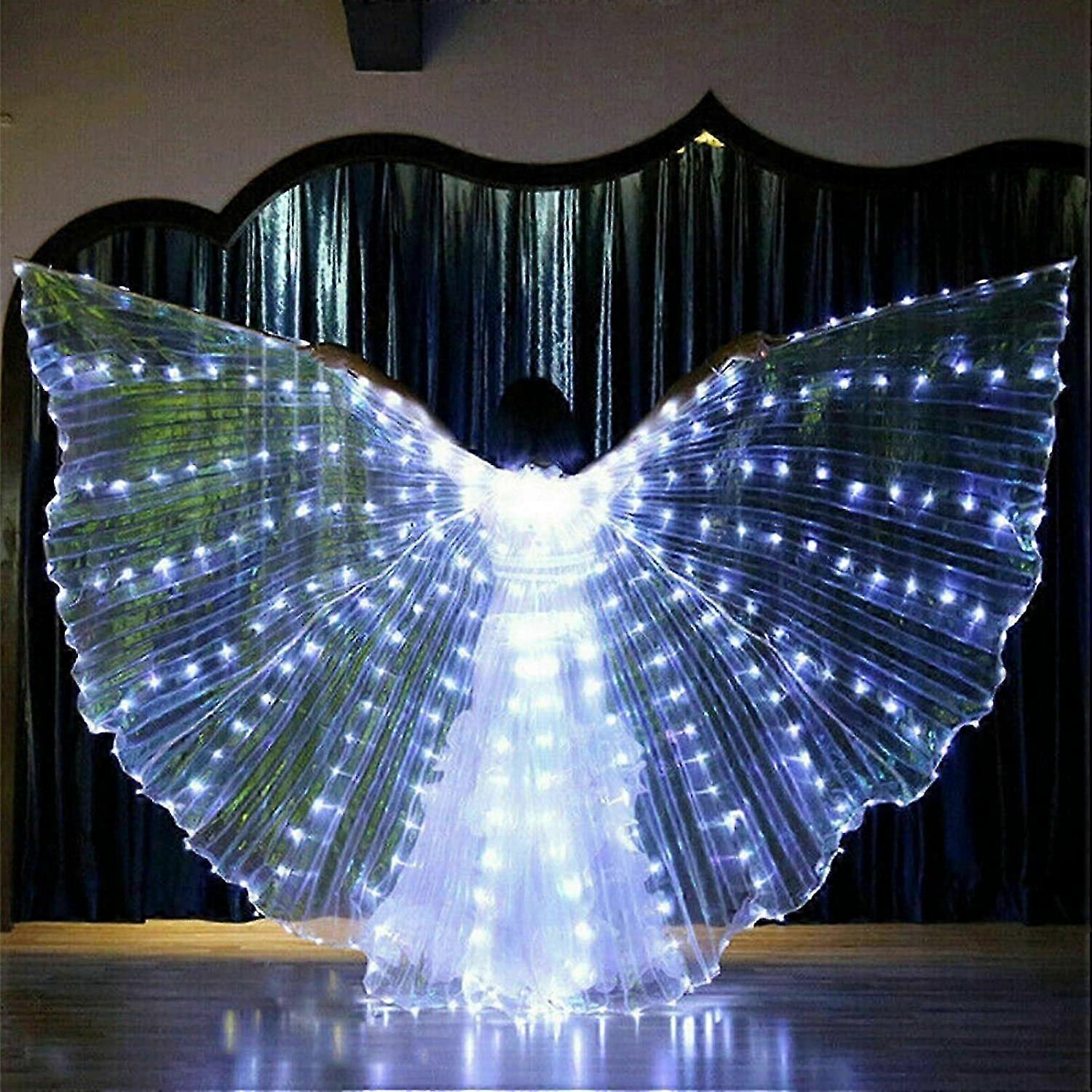 LED Light Up Belly Dance Wing with Telescopic Stick, Colorful Butterfly Wings for Carnival, Stage, Halloween, Christmas (White)