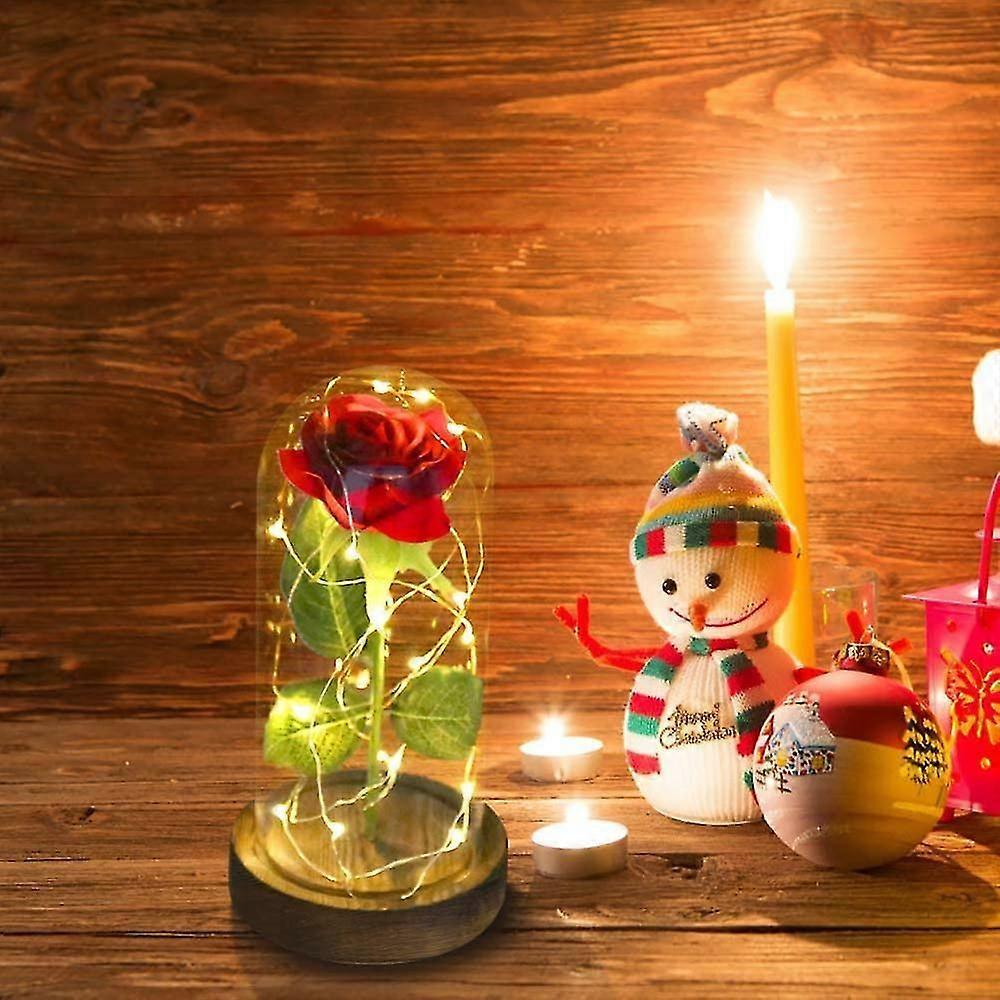 Rosa de Seda Vermelha Encantada em Cúpula de Vidro com Luzes de Fada LED - Presente Perfeito para Amor e Ocasiões Especiais