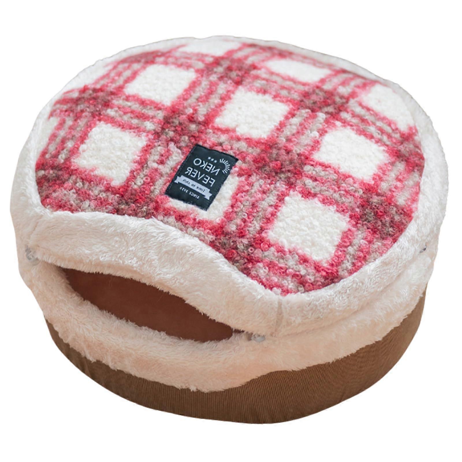 Cat Plaid Cave Bed Plush Calming Hideaway Nest With Detachable Lid And Mat Red White For Indoor Kitten