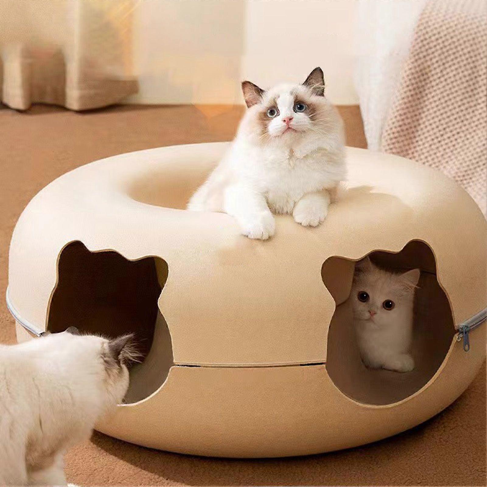SCSYV Cat Tunnel Bed with 2 Ventilated Windows Removable Washable Felt Cat Carve Bed with Zipper Closure for All Seasons L, 60x60x28cm / 23.6x23.6x11.