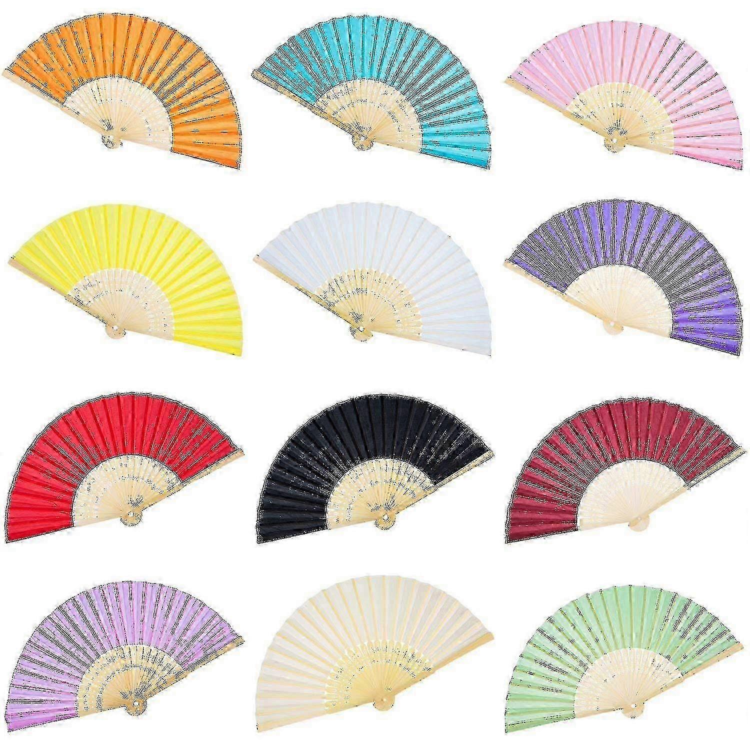 12 Pack Hand Held Fans Silk Bamboo Folding Fans Handheld Folded Fan