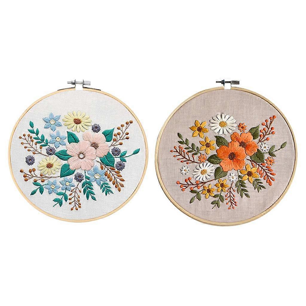 2Sets Flower Pattern Embroidery Starter Kit Hoop 26x26cm