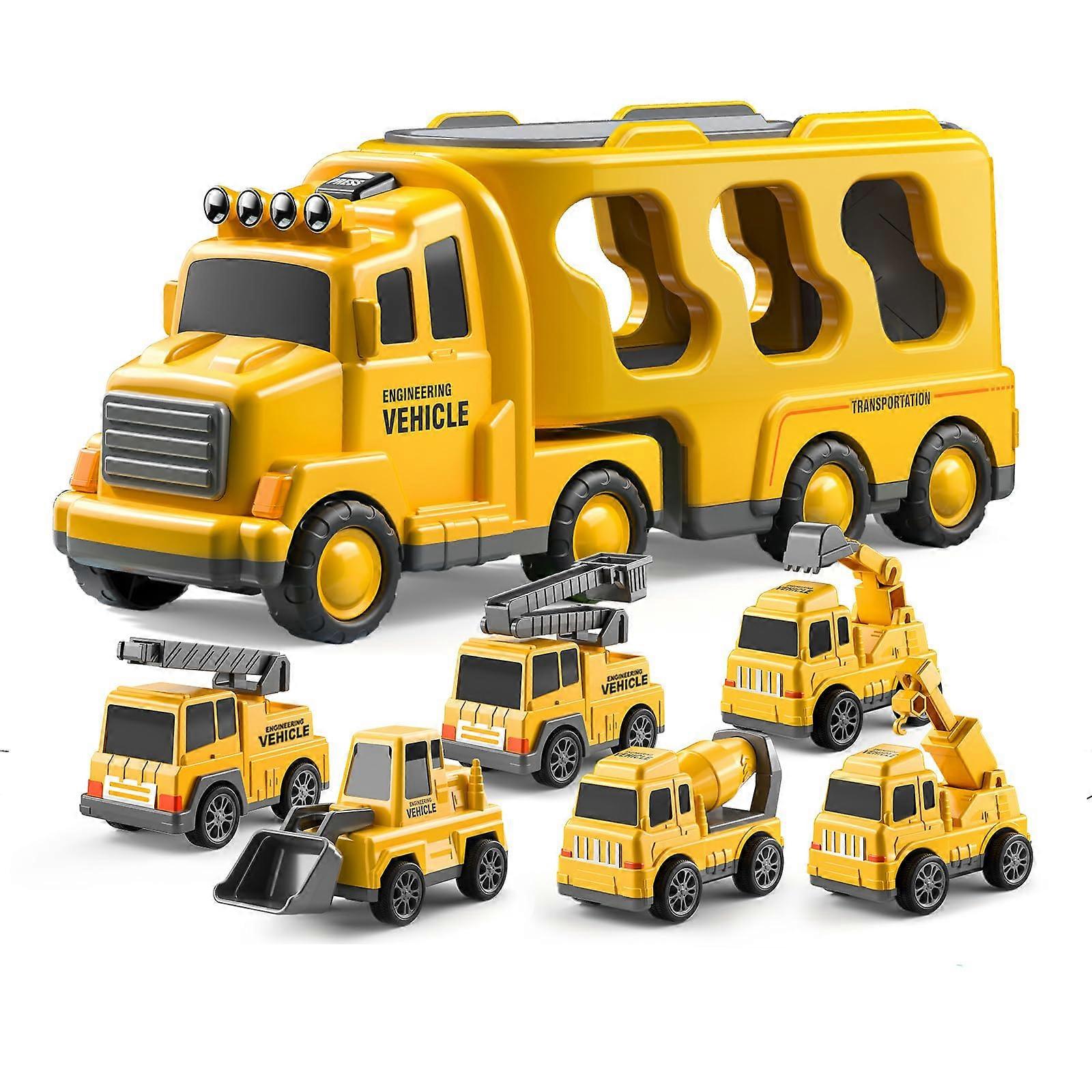 Construction Truck Toys for Ages 3-6, 7-In-1 Carrier Vehicles With Play Mat Durable Plastic Educational Set