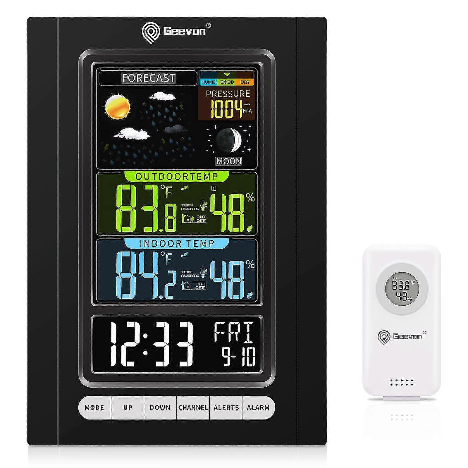 Geevon Wireless Weather Station Alarm Clock  Hygrometer Thermometer Sensor Snooze Digital Table Clock Indoor Outdoor Thermometerblack SZRH