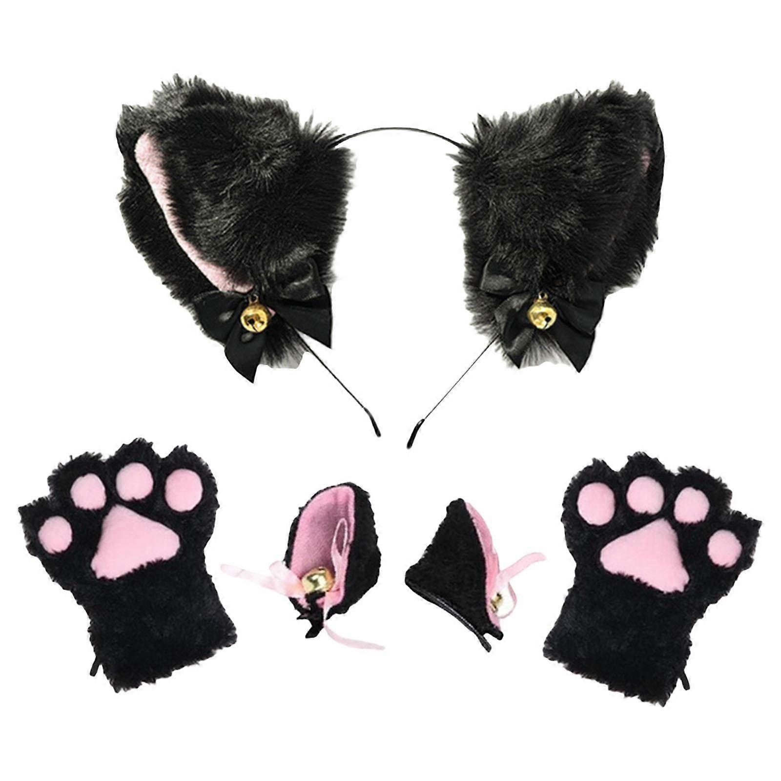 Plush Headband and Gloves Set Headwear with Bow Tie Bell Party Costume Fancy