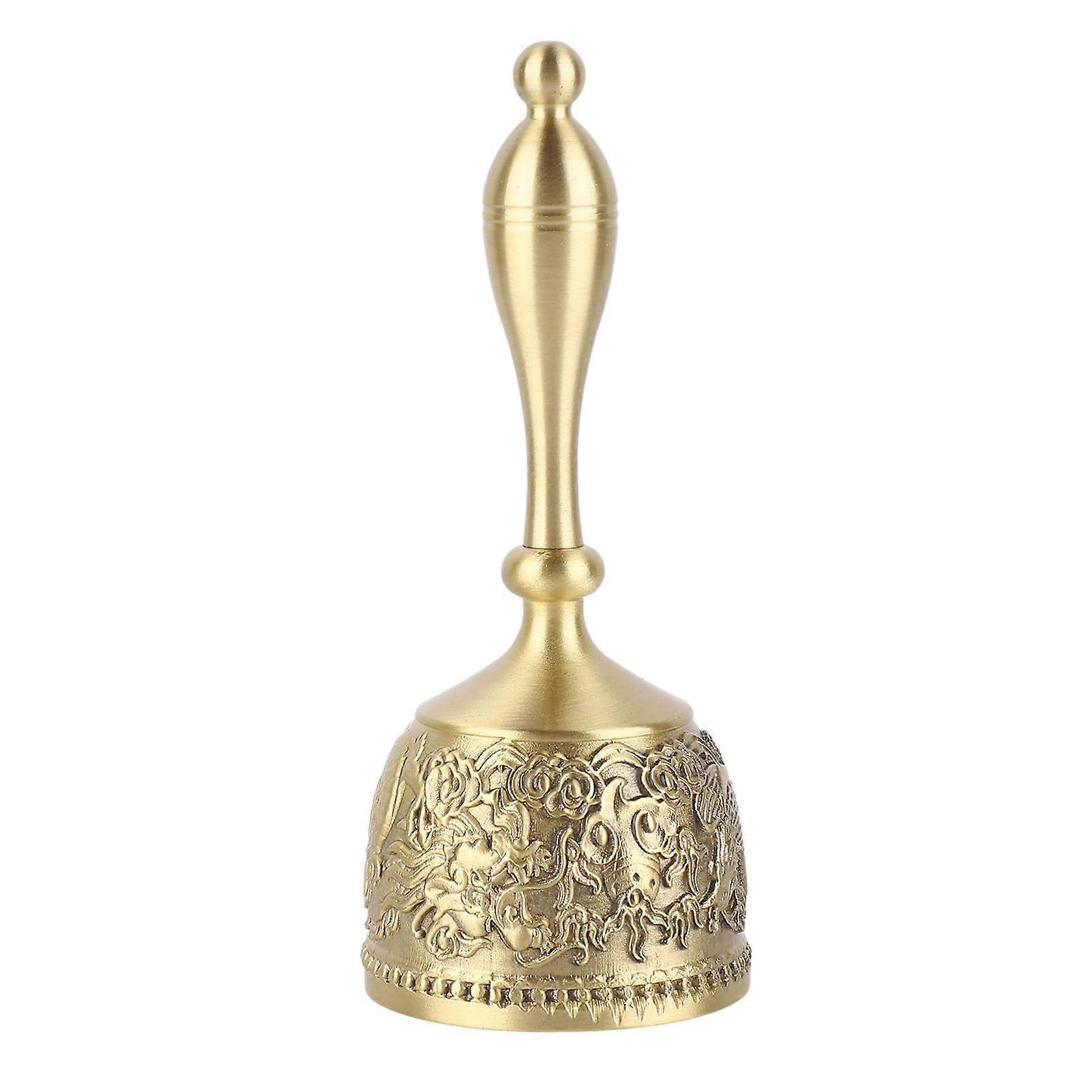 Pure Brass Hand Call Bell, Clear Sound for Weddings Parties, Elegant Carved Design, EasyGrip Curved Handle, Multipurpose Use for Home Events