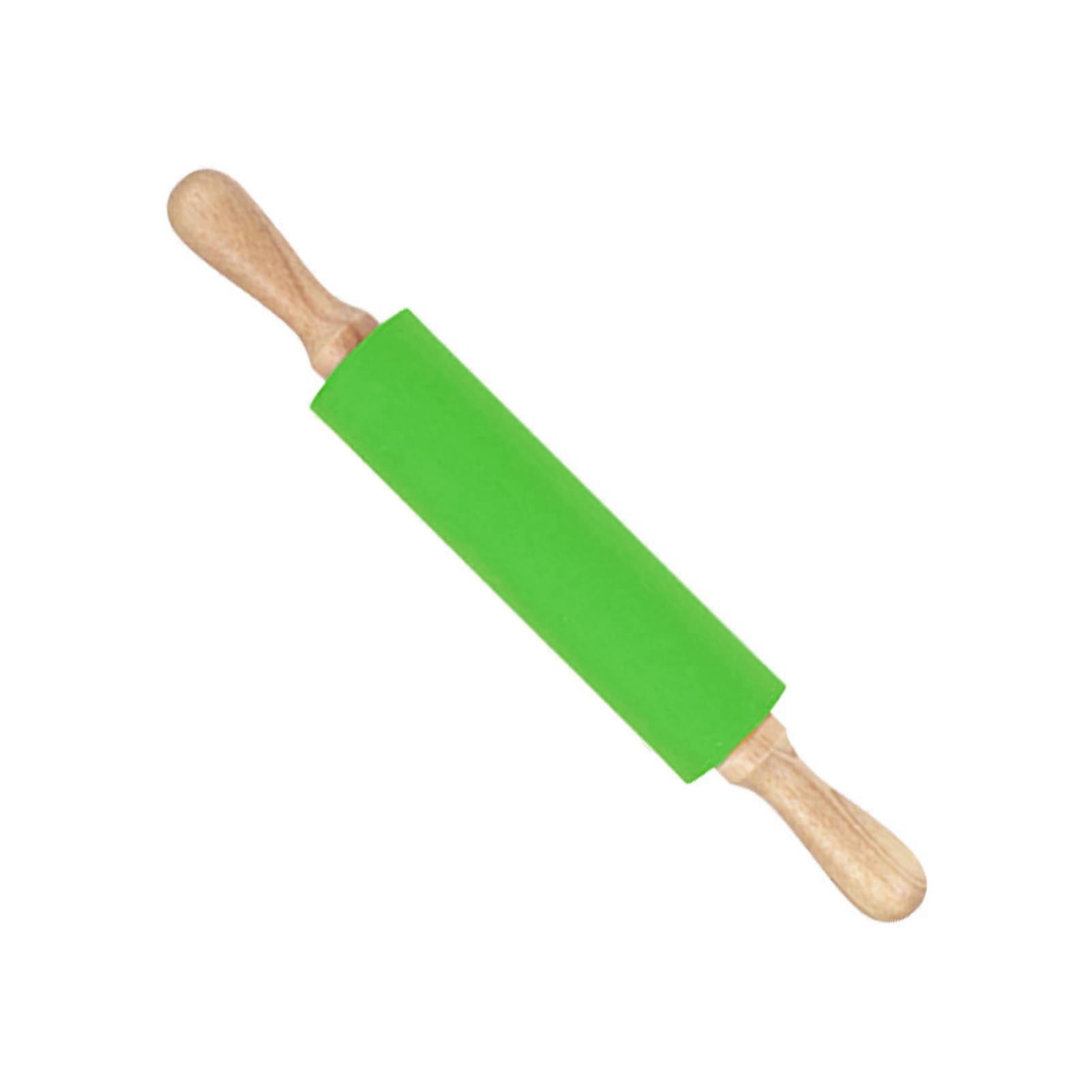Extended Silicone Rolling Pin Solid Wooden Handle Non Stick Surface Rolling Pin Baking Tools Green 