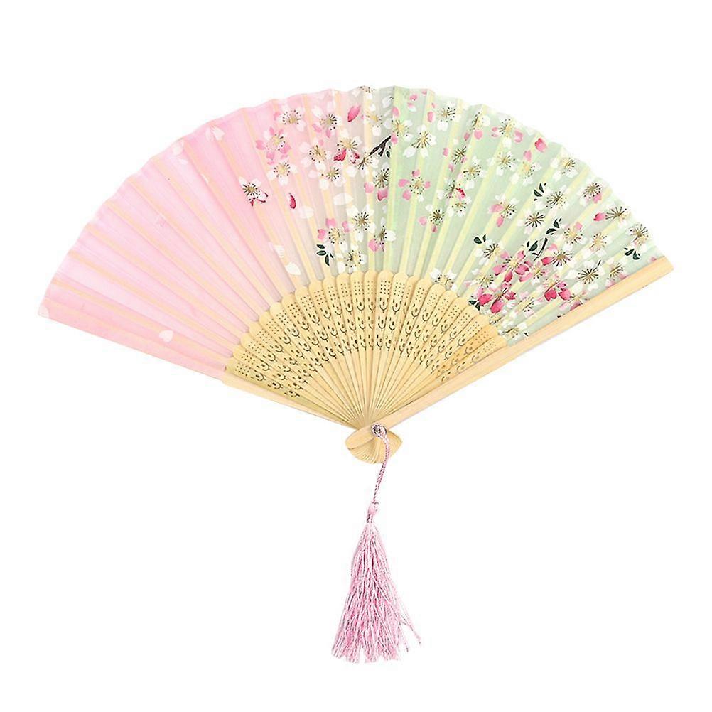 2pcs 6 Inch Folding Fan Handheld Fan Simulated Silk Folding Fan Folding FanCraft with Tassel for Dancing Performance  - Cherry Blossom (Pink)