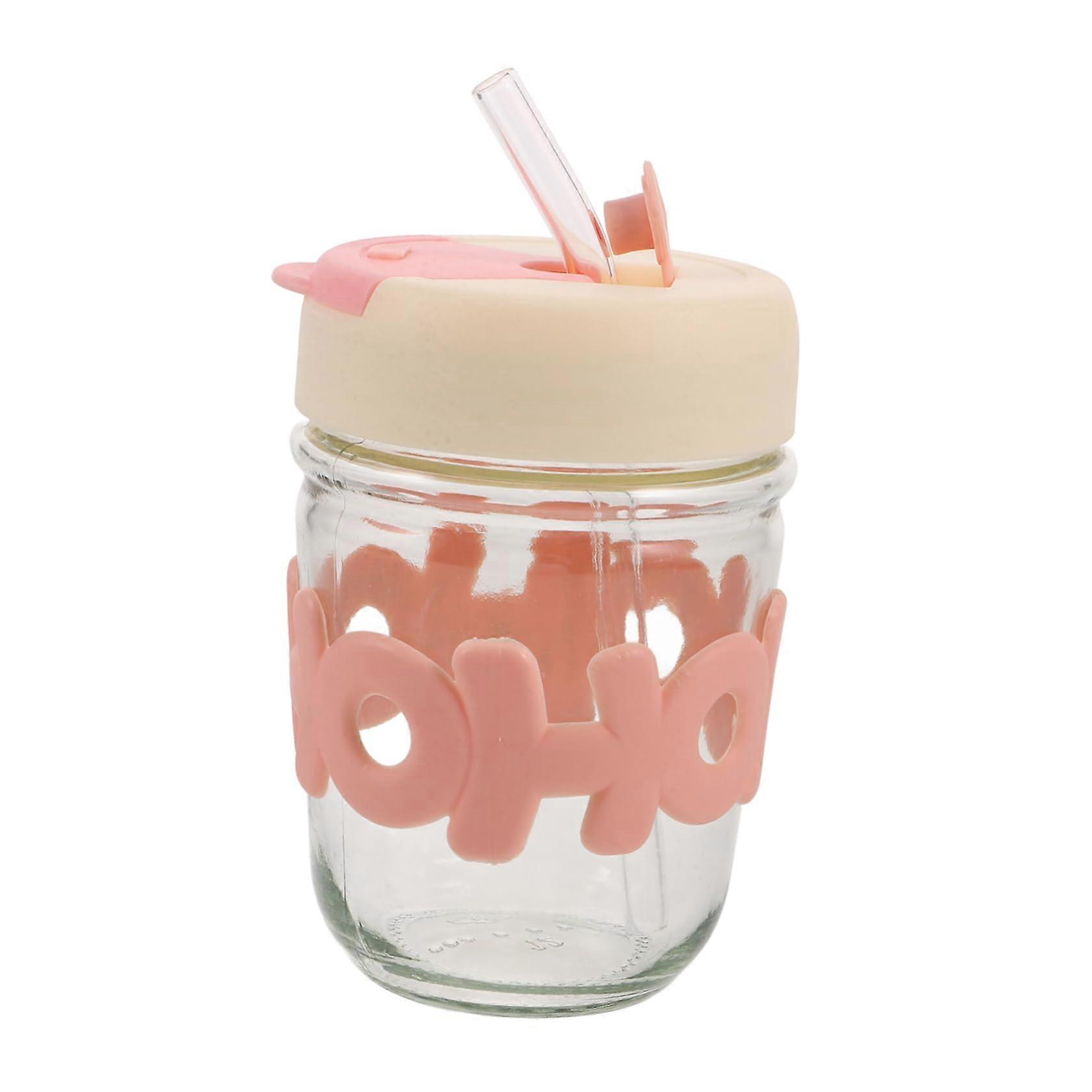 Double Drinking Glasses Coffee Mugs Clear Glass Cups with Lid and Straw Cartoon Design for Office Use