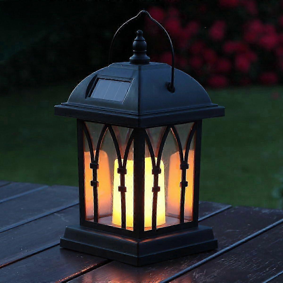 Black Solar Lantern With Led Candle And Deceptively Real-Looking Flicker Effect