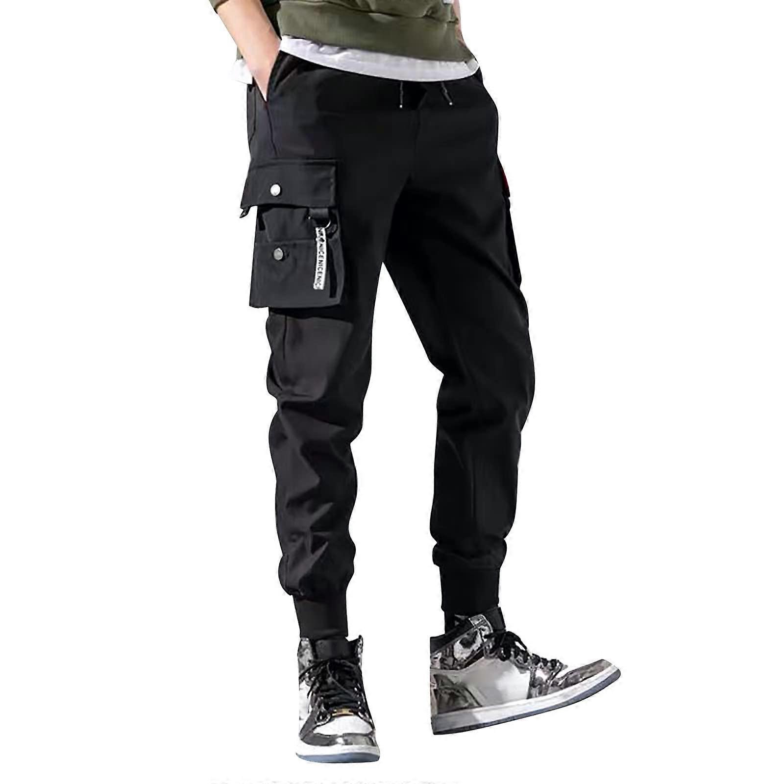 Men's cargo pants, baggy, multiple pockets, elastic waist, stretch black 3XL