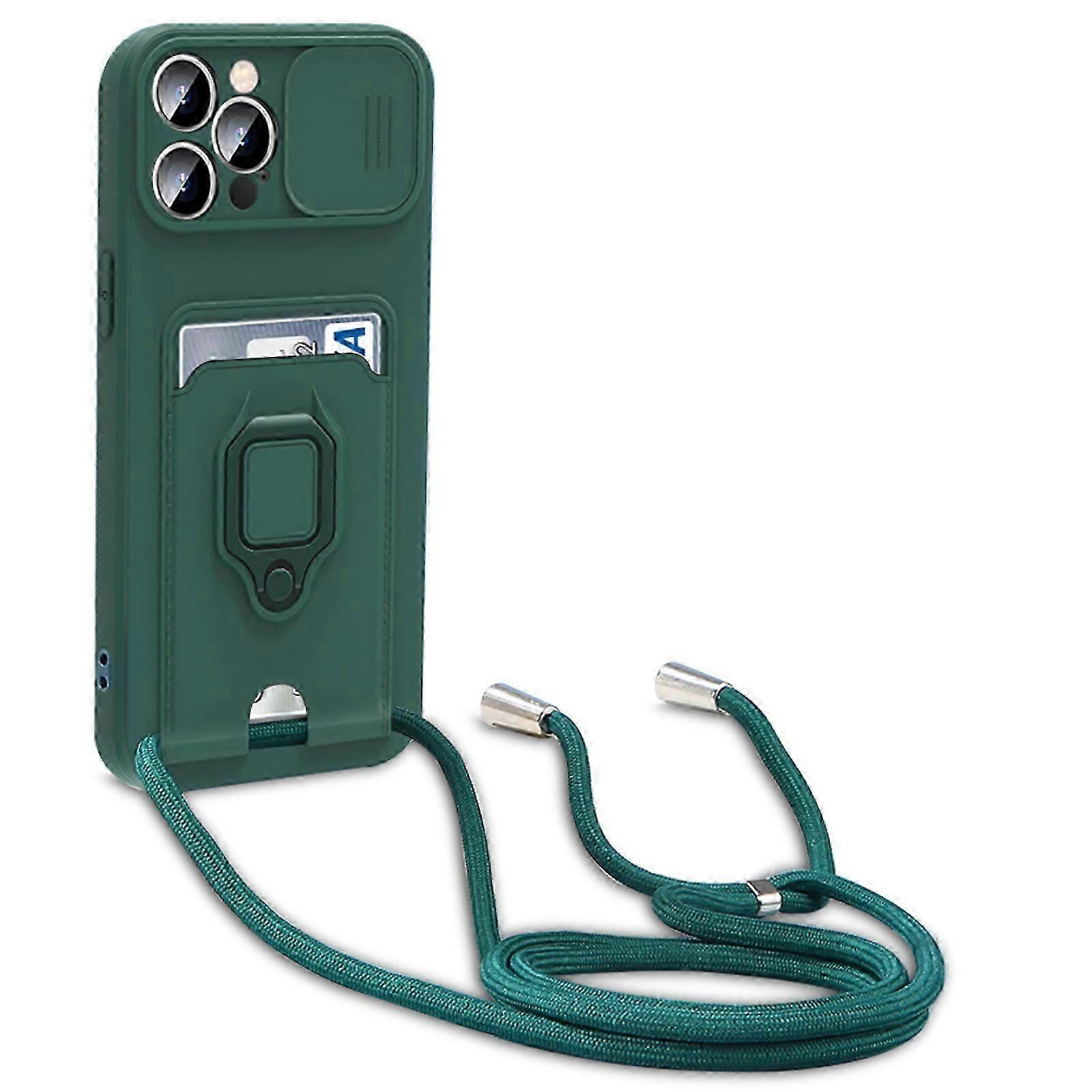 Crossbody Strap for iPhone 15 Pro Max/15 Ultra Case with Card Holder Ring Kickstand, Scratch-Resistant Shockproof Slide Lens Camera Protection Case