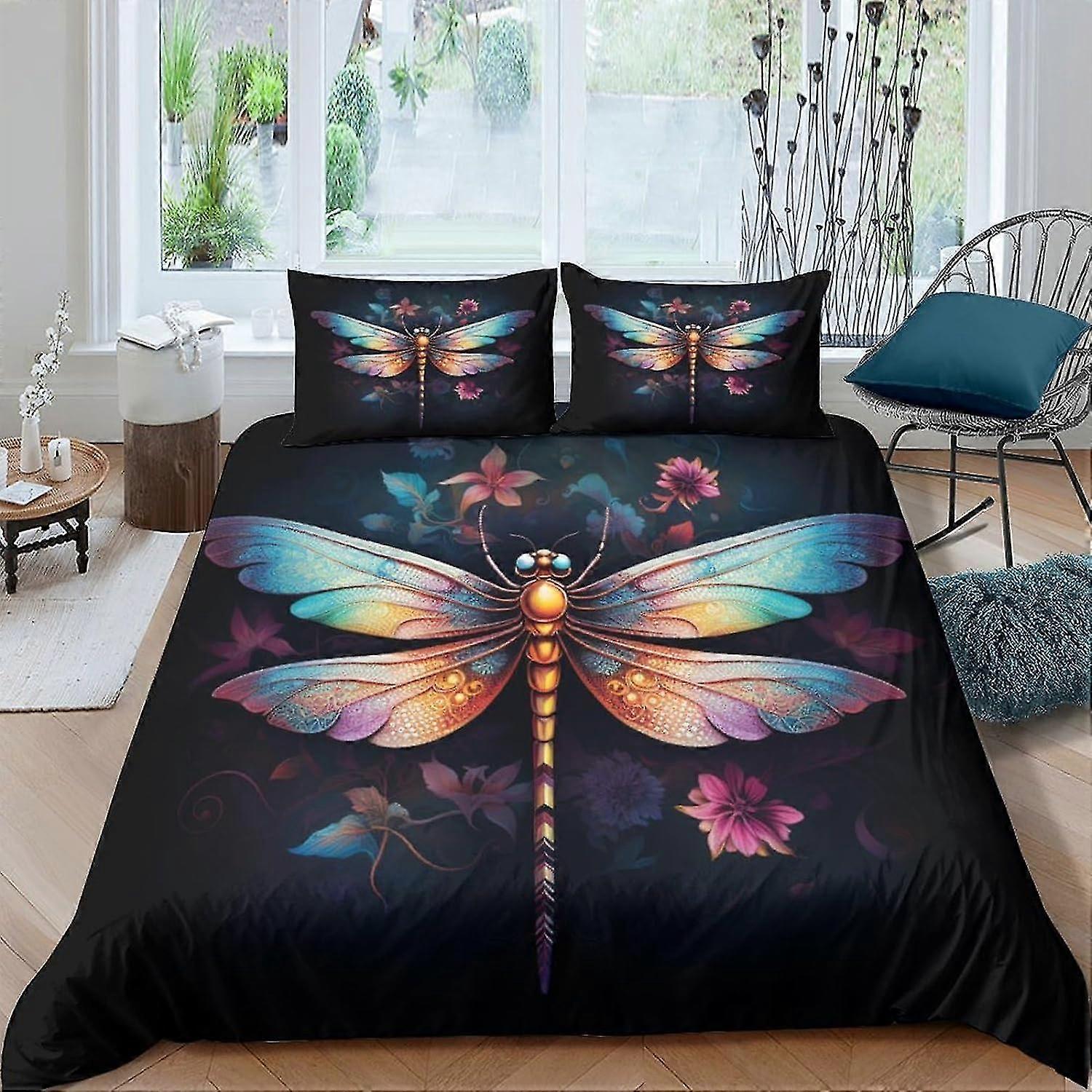 Conjunto de capa de edredom com impressão 3D de libélula animal com zíper oculto, capa de edredom de poliéster de microfibra para meninos adolescentes 3 peças