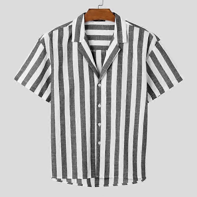 INCERUN Summer Men Lapel Short Sleeve Striped Print Buttons Casual Shirts Tops