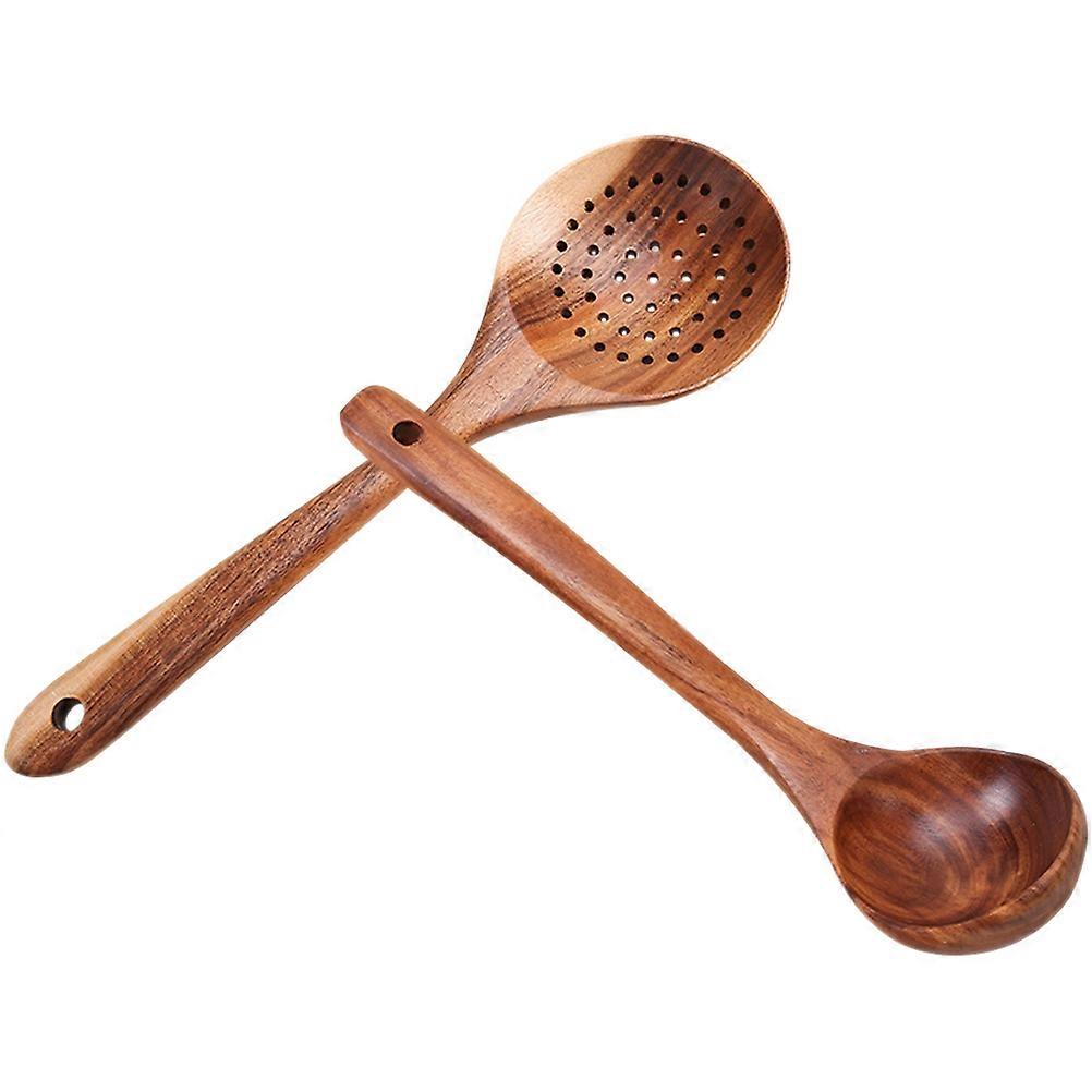 Wood Slotted Serving Spoon with Ergonomic Handle for Kitchen Use Light Brown 2 Pieces