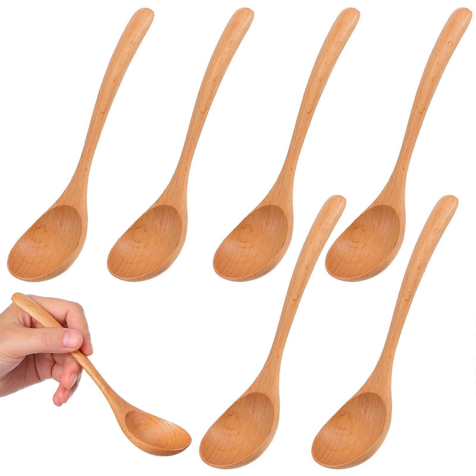 Wooden Tea Spoons with Long Handles for Kitchen Use Smooth Finish Light Brown Color Ample Supply 7 Pieces