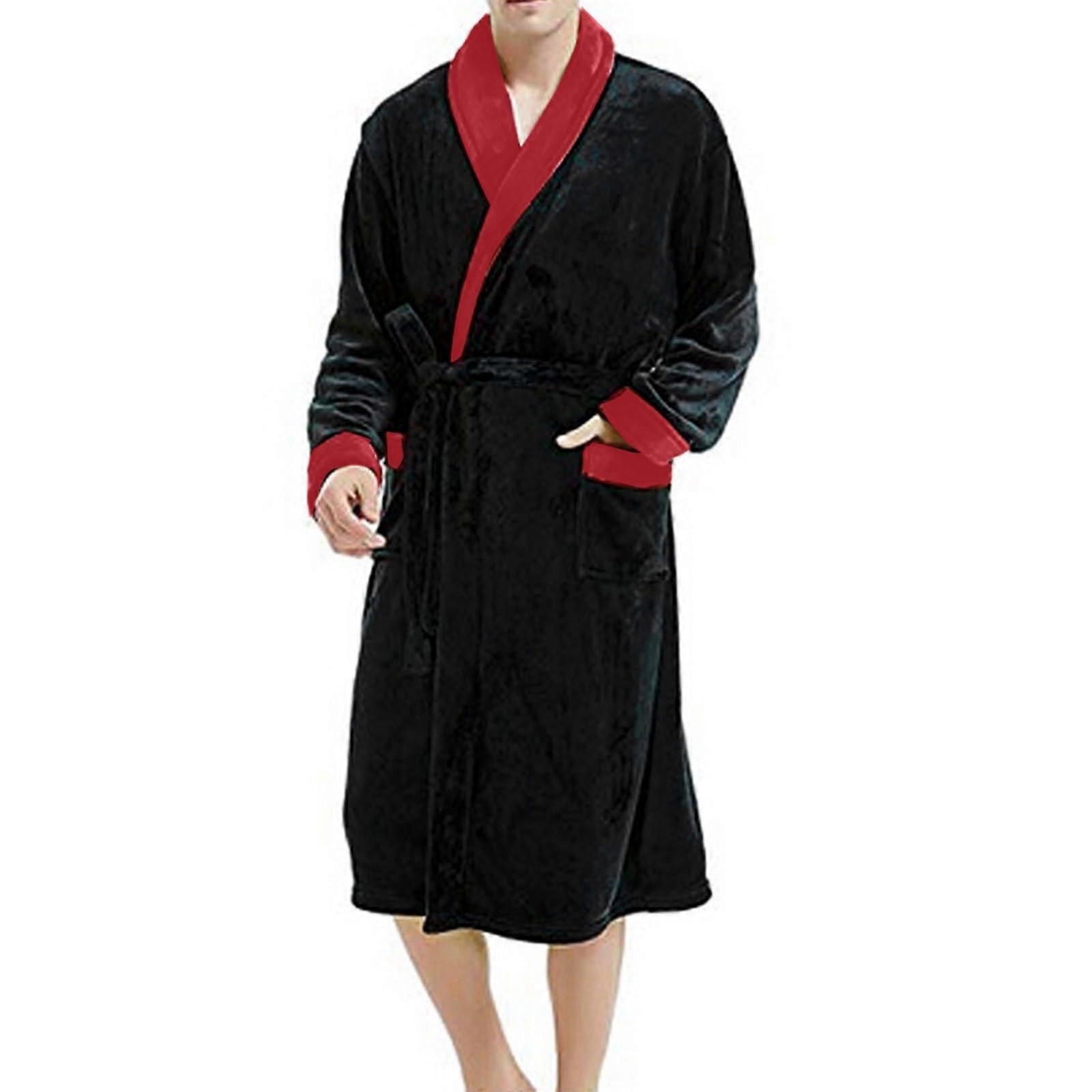 Men's Warm Winter Bathrobe Long Fluffy Dressing Gown with Collar, Soft Cozy Loungewear Elastic Sleepwear Super Plush Nightdress Red 3XL