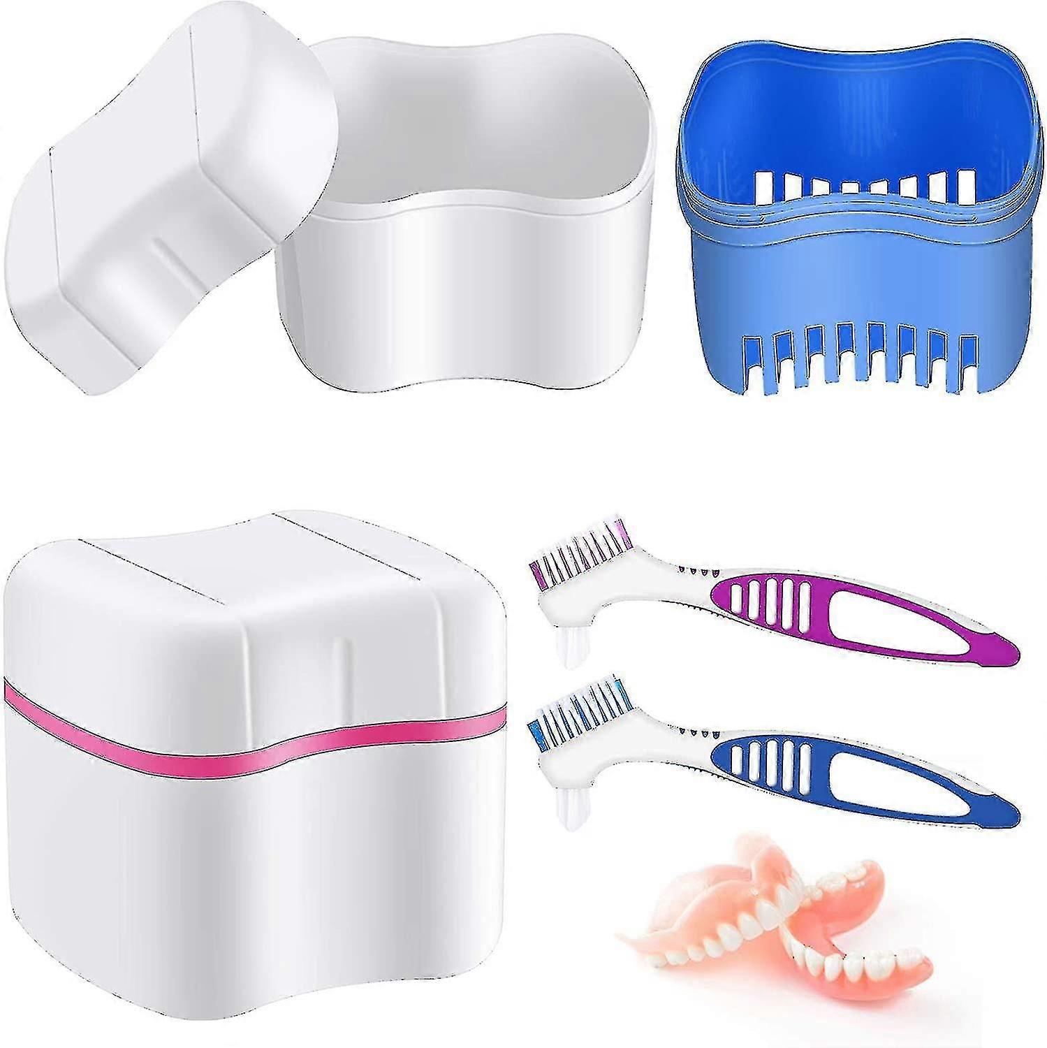 2 Denture Bath Cases with Cleaner Brushes, Denture Holder and Retainer Storage Set