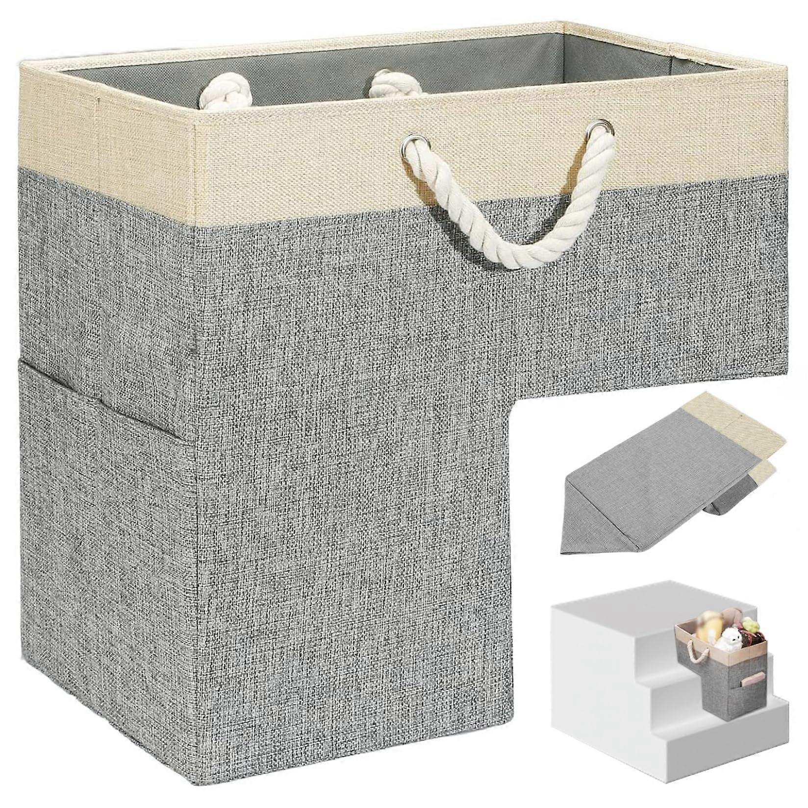 Stair Basket with Handle and Front Pocket Foldable Fabric Step Organizer for Carpeted and Wooden Stairs