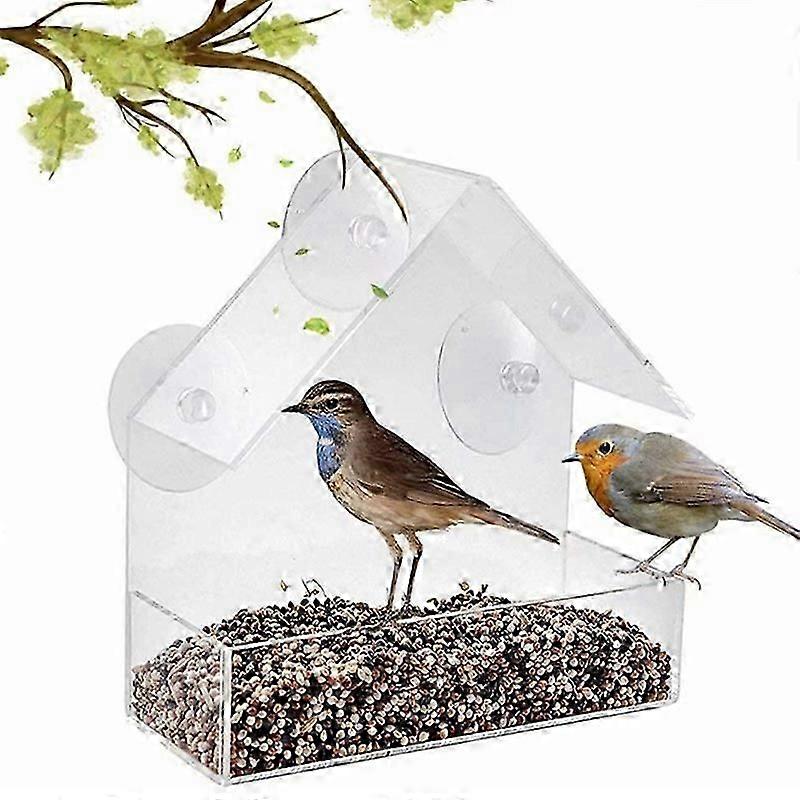 Clear Plastic Bird Feeder - Clear Plastic Birdhouse/Feeder with Suction Cups and Seed Tray - Observe Birds like Chaffinch, Sparrow and Others