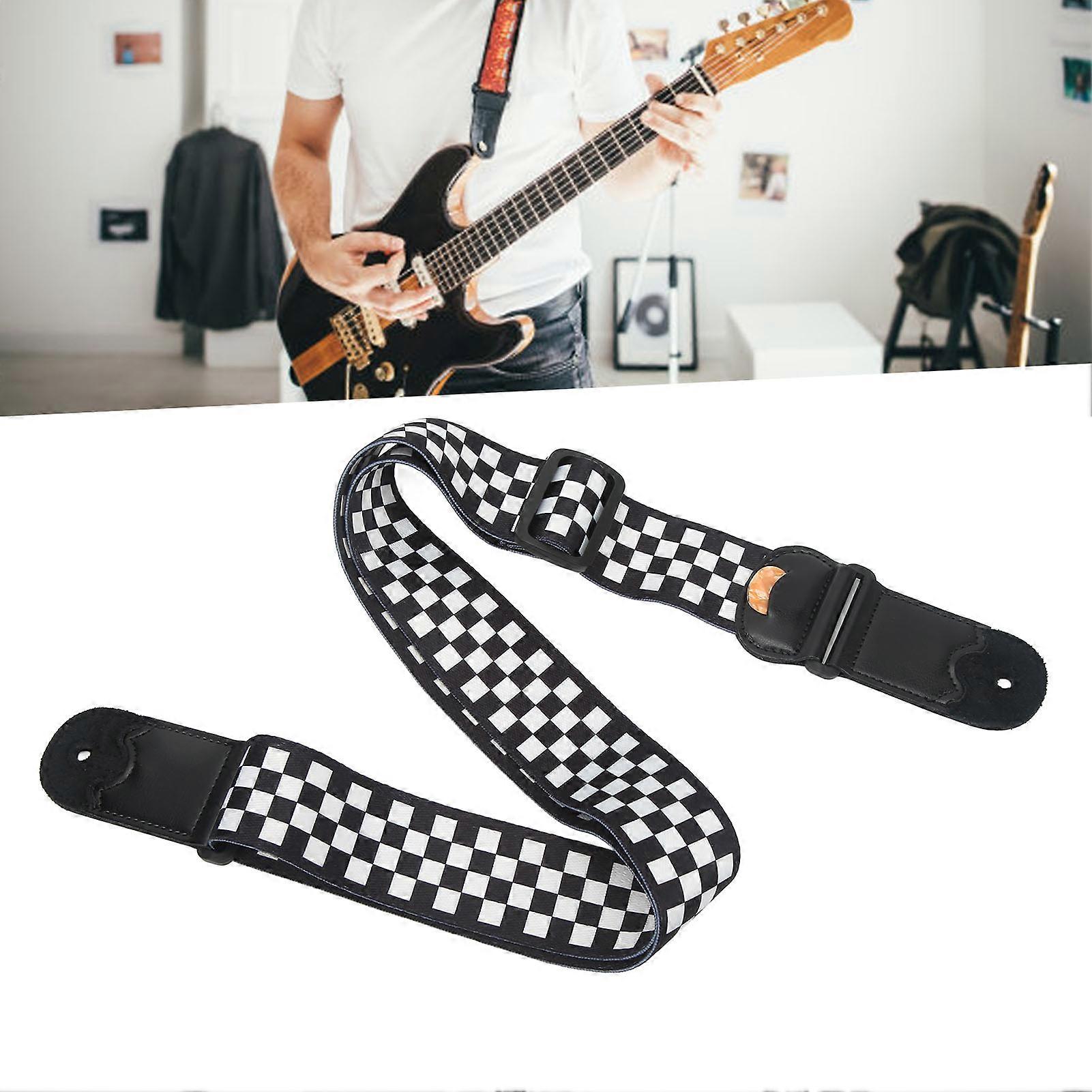 Adjustable Black White Plaid Guitar Strap 94-158cm with Picks Pocket