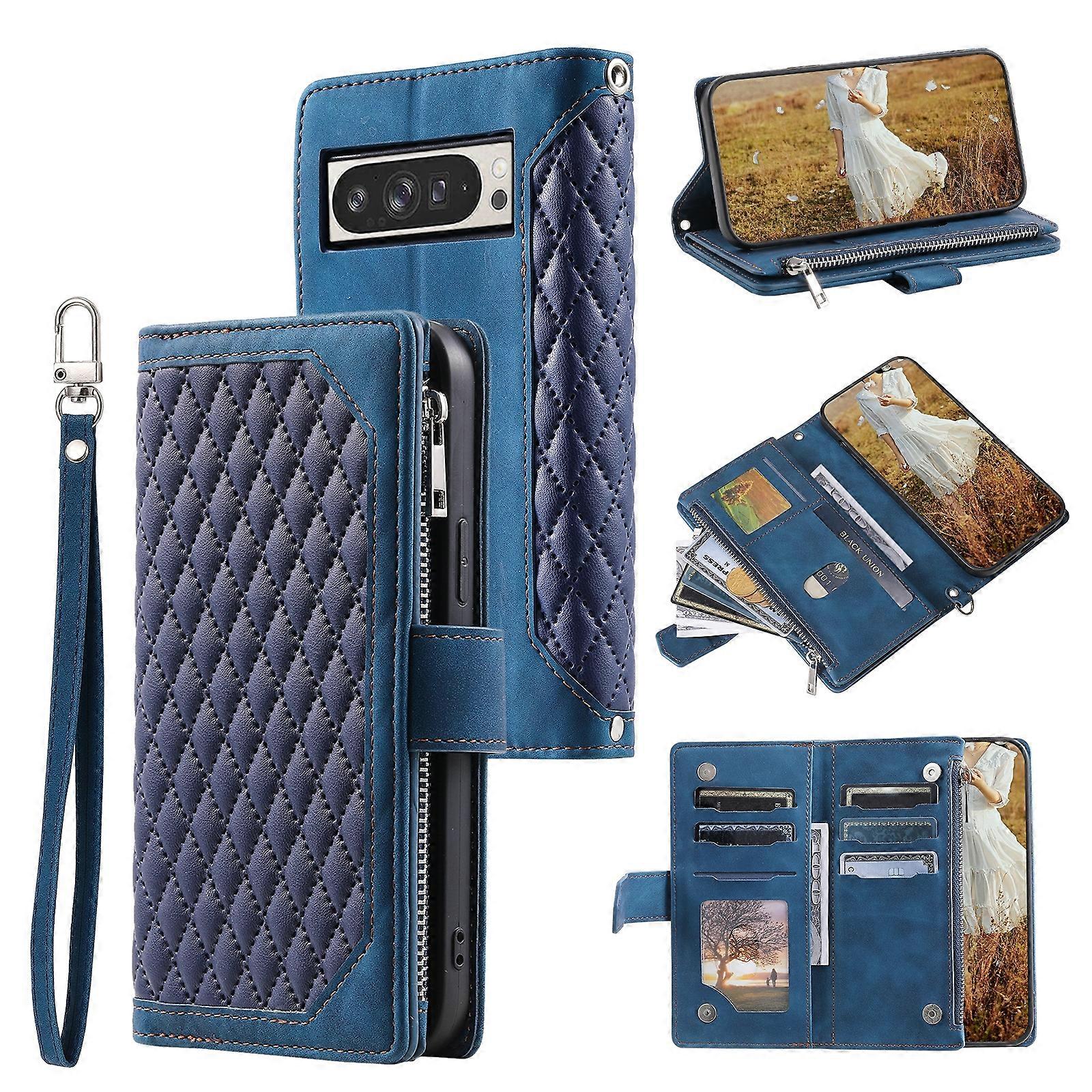 Grid Texture Zipper Leather Phone Case with Lanyard