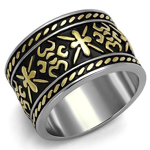 Two-Tone IP Gold (Ion Plating) Stainless Steel Ring with Epoxy in Jet for Women Style TK2236