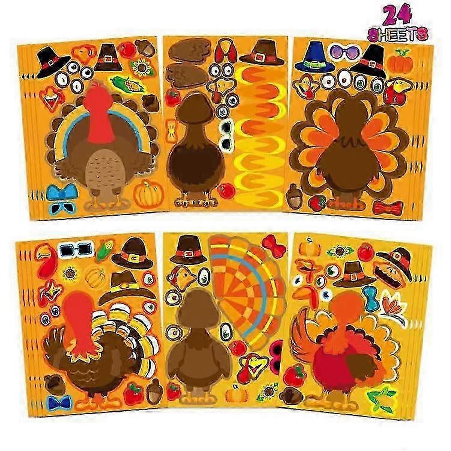 اصنع ملصقات ديك رومي، 24 قطعة من ملصقات عيد الشكر للأطفال، ملصقات وجه ديك رومي، اصنع ملصقات ديك رومي خاصة بك، هدايا حفلات عيد الشكر، عيد الشكر