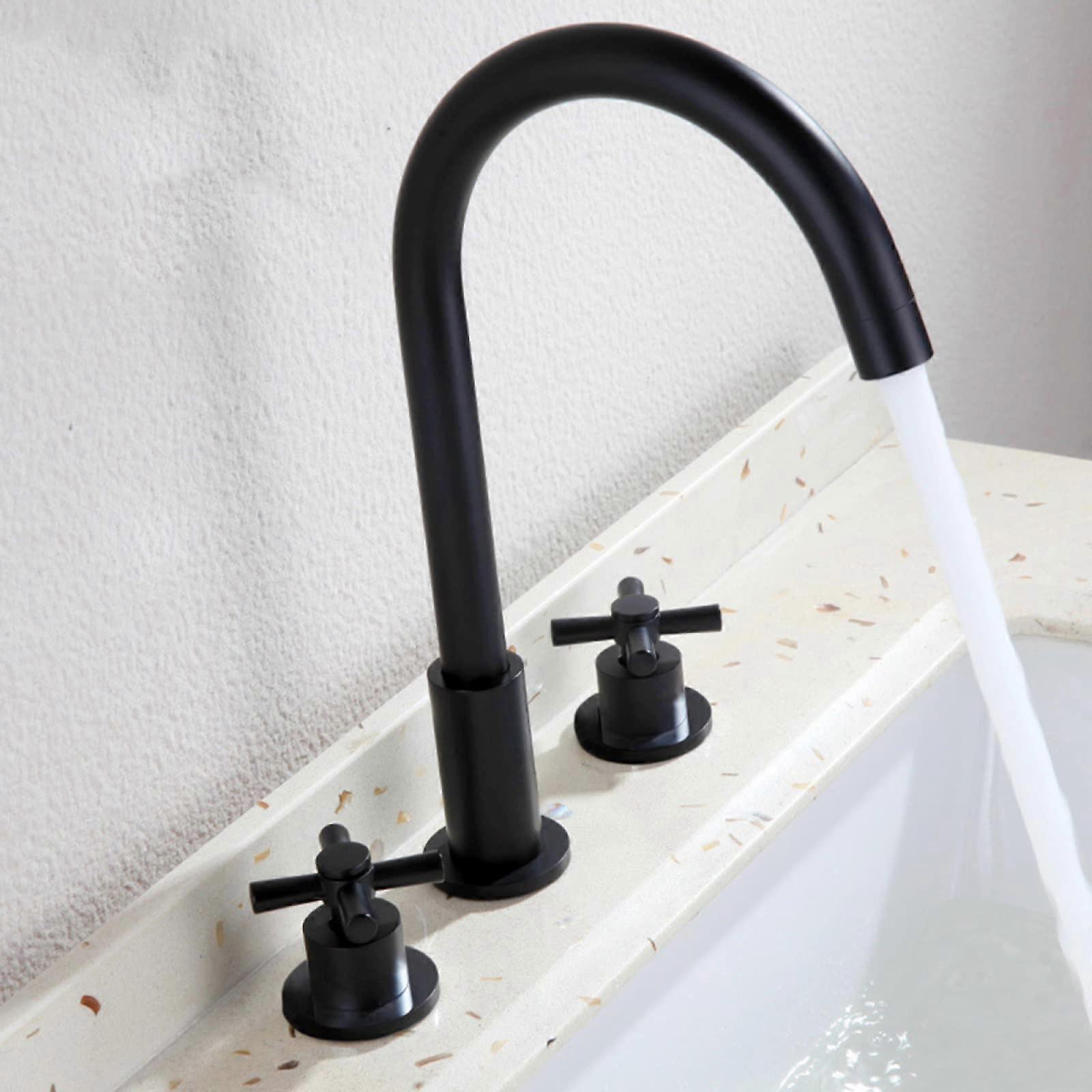 Bathroom Basin Mixer Retro Brass 360 Rotatable Sink Faucet, 3Hole Basin Mixer With Crosshead Handle, Black Finish