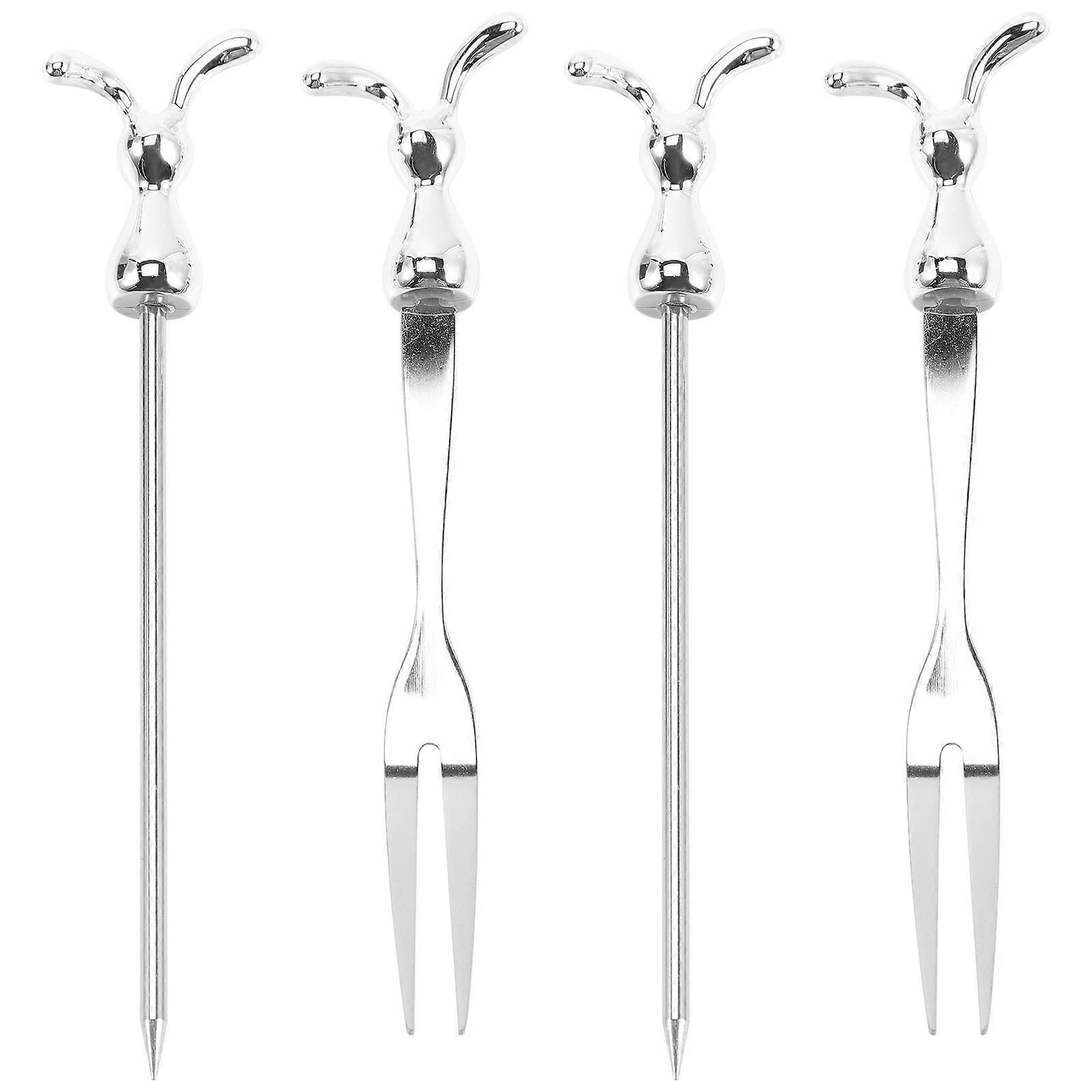 Silver Rabbit Shaped Kids Fork and Fruit Skewer Stainless Steel 4Pcs for Party