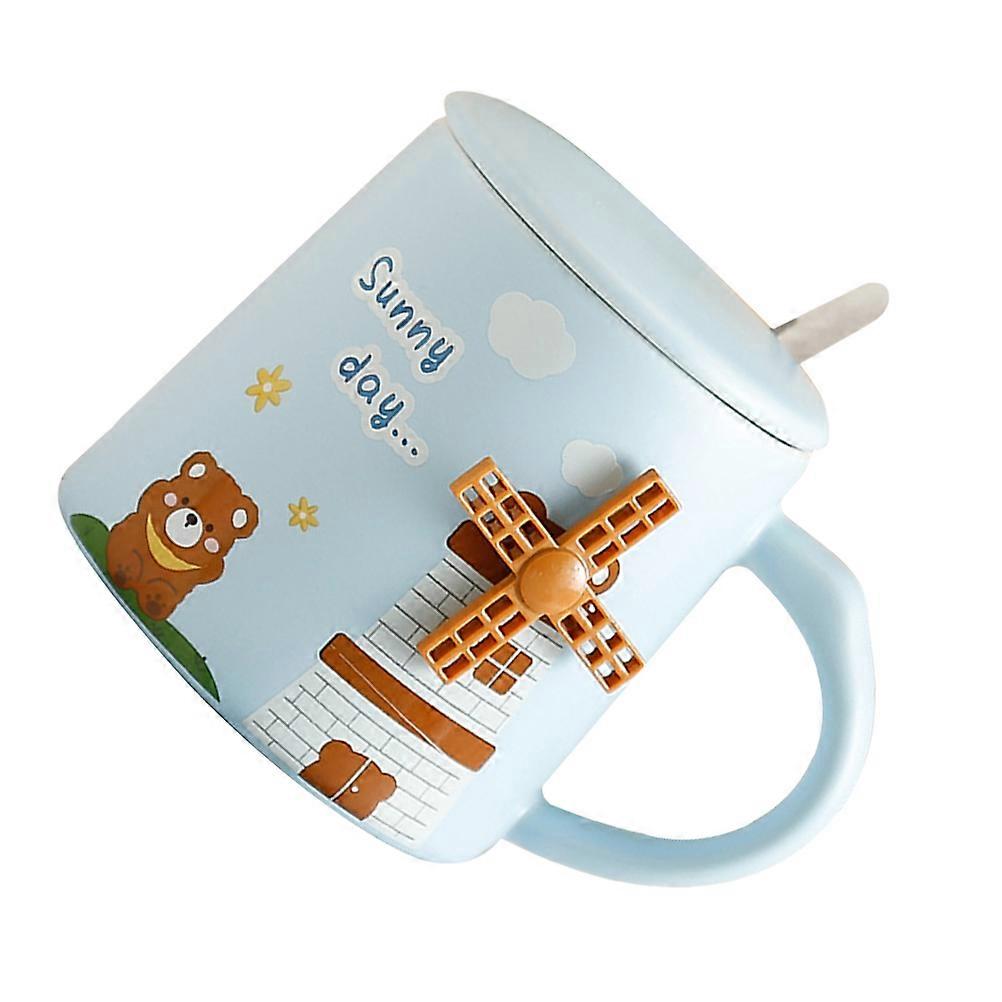 Ceramic Coffee Cup with Lid and Spoon for Home 2Sets Sky-Blue