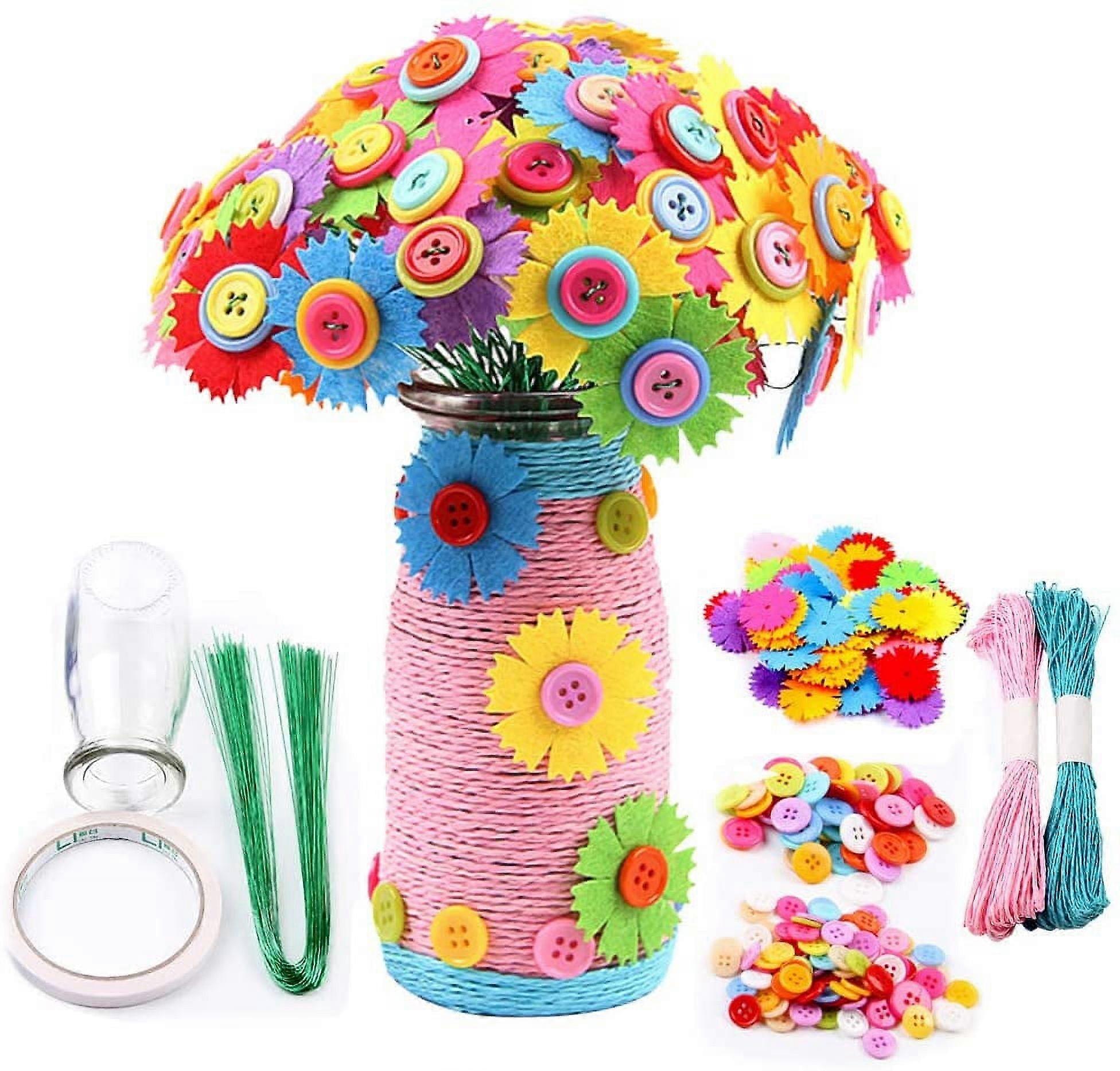 Amerteer Flower Craft Kits for Kids – DIY Vase Project with Buttons & Felt Flowers – Make Your Own Bouquet – Fun Gift for Ages 4-9