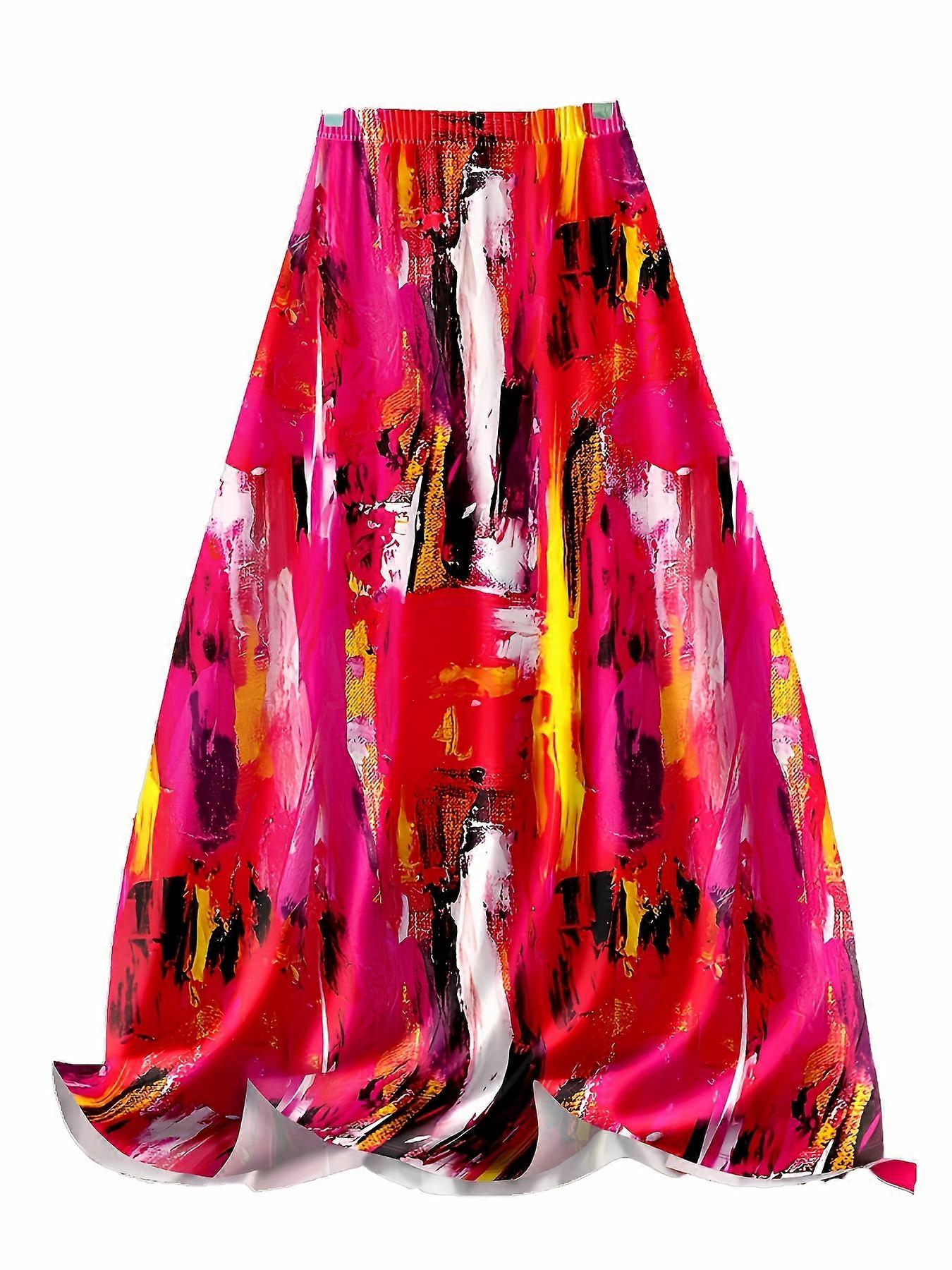 Chic Vibrant Color - Clash Abstract Brushstroke Print High - Waist Elastic A - Line Maxi Skirt