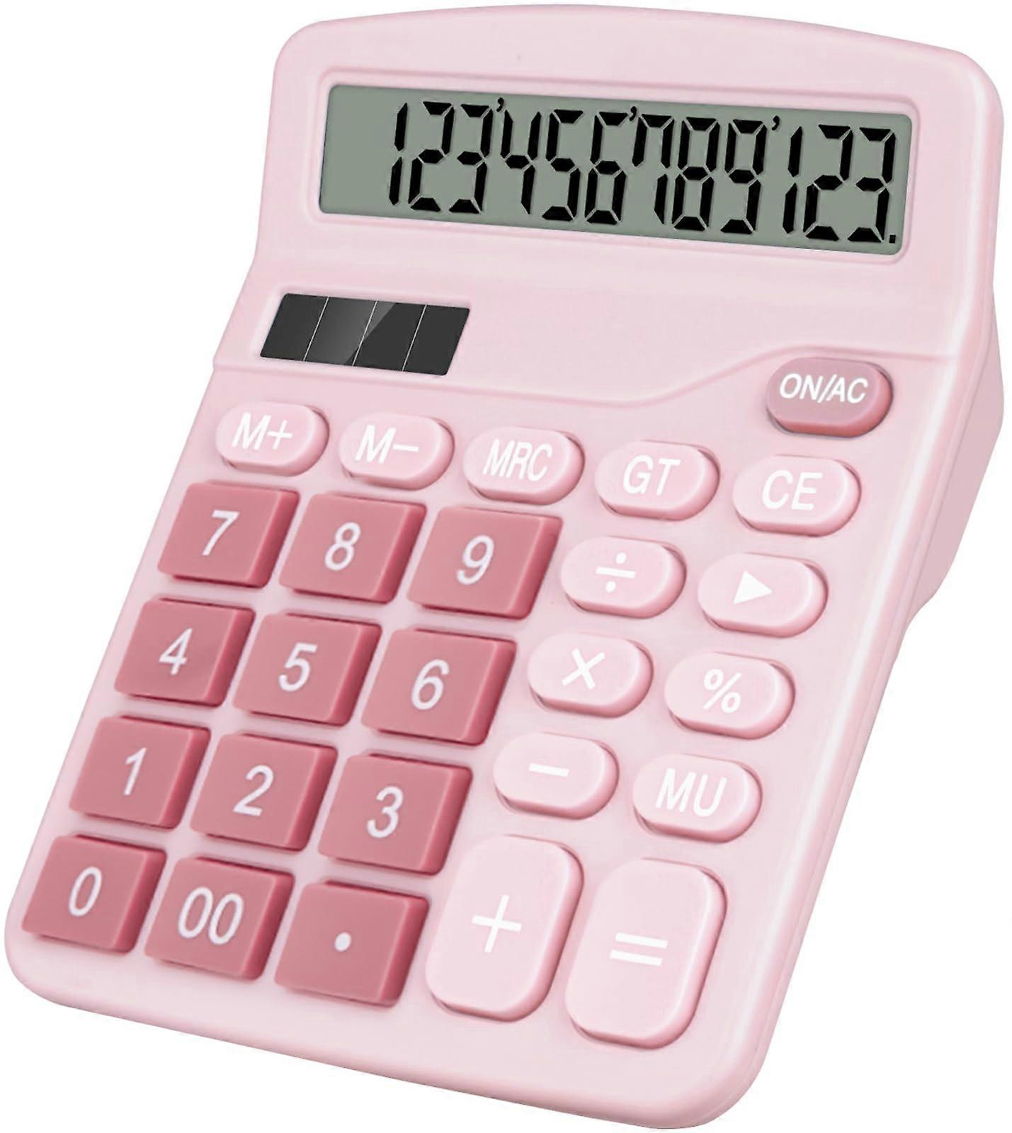 Desktop Calculator with Large 12Digit LCD Display, Pink Big Buttons, Solar and Battery Powered for Office, Home, School