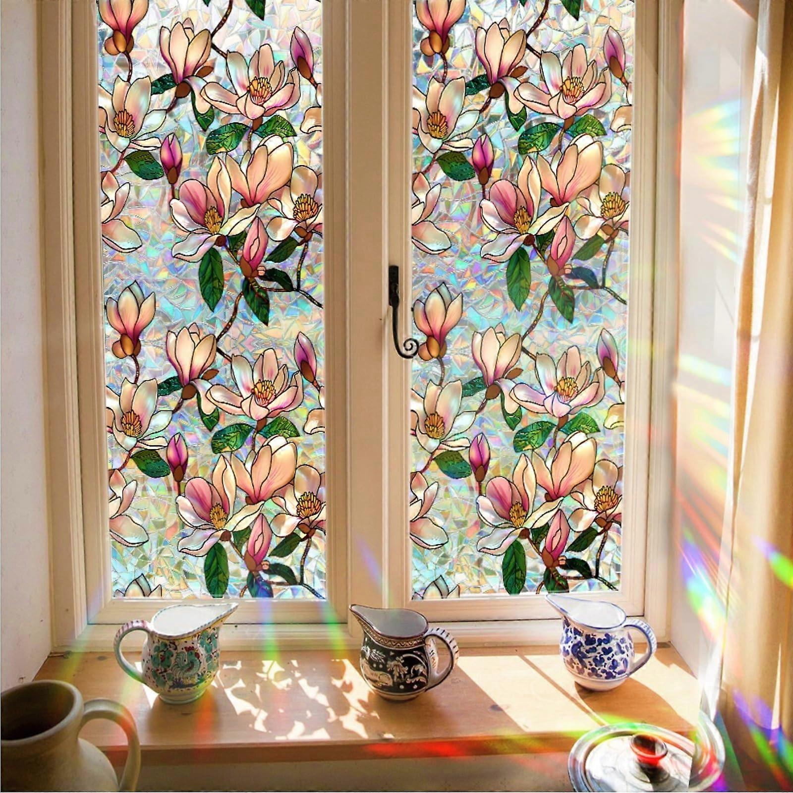 Window Privacy Film Static Cling Magnolia Floral UV Blocking Rainbow Effect for Home 17x78.7in