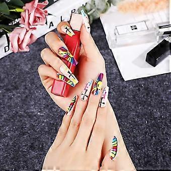 Long Ballet Press On Nails 24pcs Rainbow Jelly Gel False Nail Tips with Crow Heart Cross Design