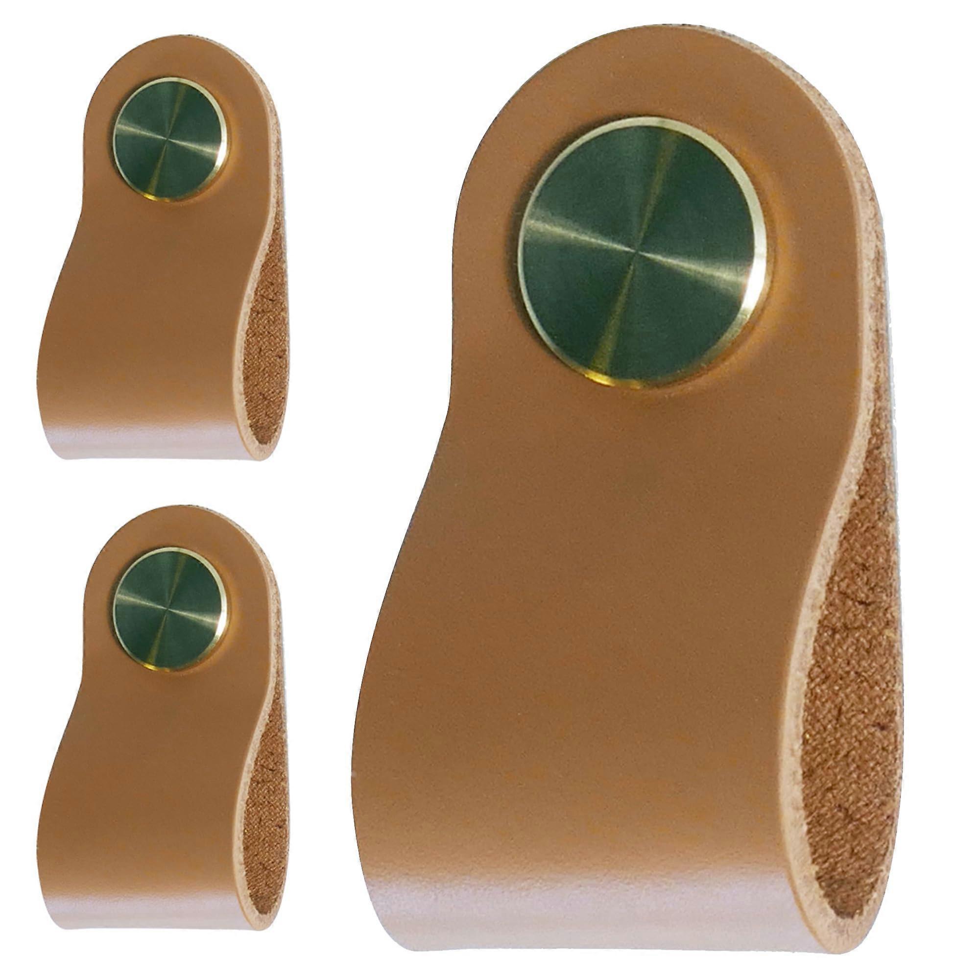 Leather Cabinet Handles Brass Cowhide Drawer Pulls Single Hole Knob Mud Yellow 2 Pack