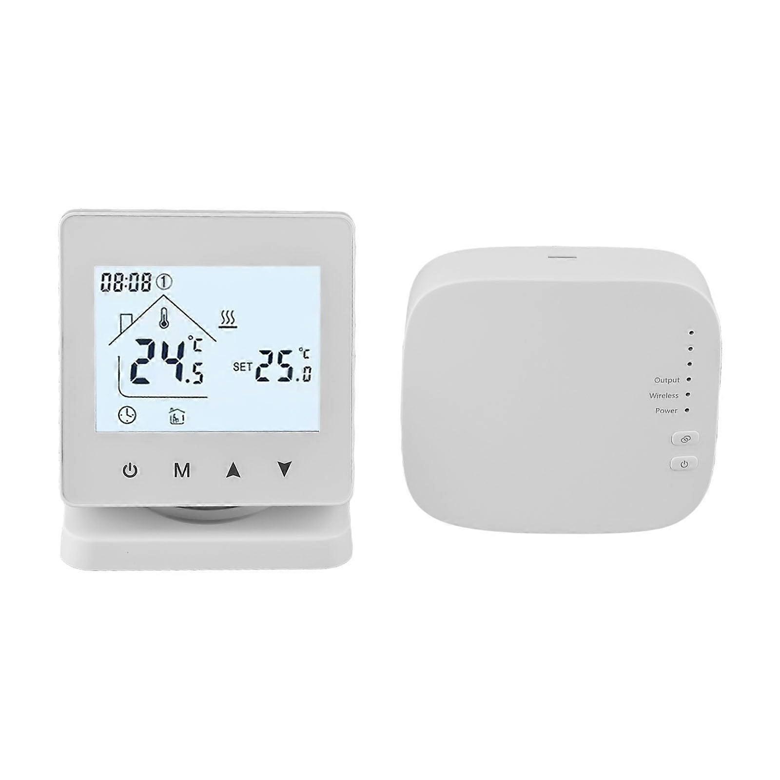 Wireless Thermostat for Boilers with Smart Temperature Control, WallMounted, Dual Power Supply, White