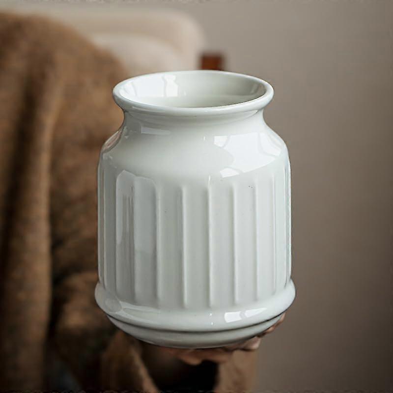 White Ceramic Utensil Holder with Embossed Pattern, Farmhouse Style Kitchen Countertop Organizer