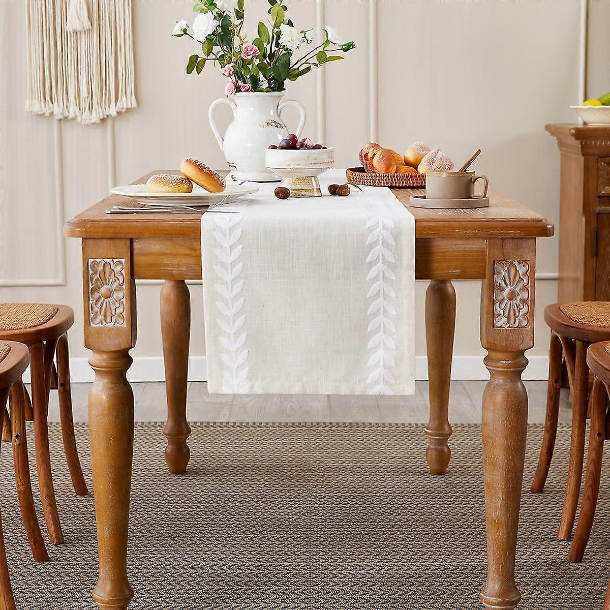 Rustic Style Embroidered Table Runner, 13x90 Inch Irregular Willow Leaf Table
