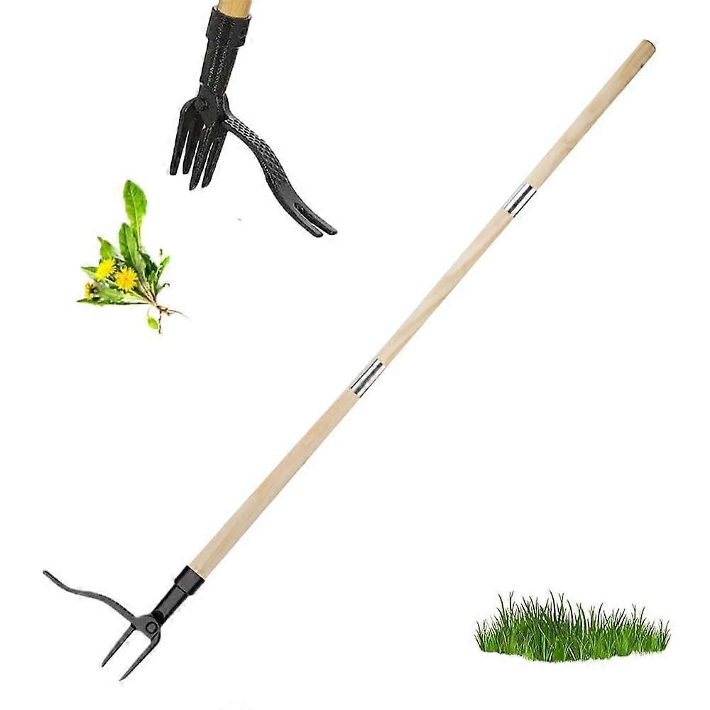 Standing Weed Puller with 4 Claws, Manual Garden Weeding Tool with Adjustable Wooden Handle