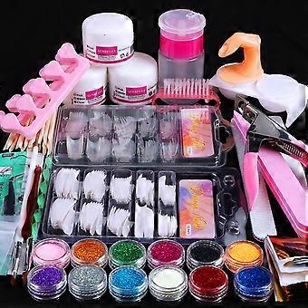 Akrylneglesett for nybegynnere med 12 glitterfarger, tupper og dekorasjoner for DIY-neglekunst